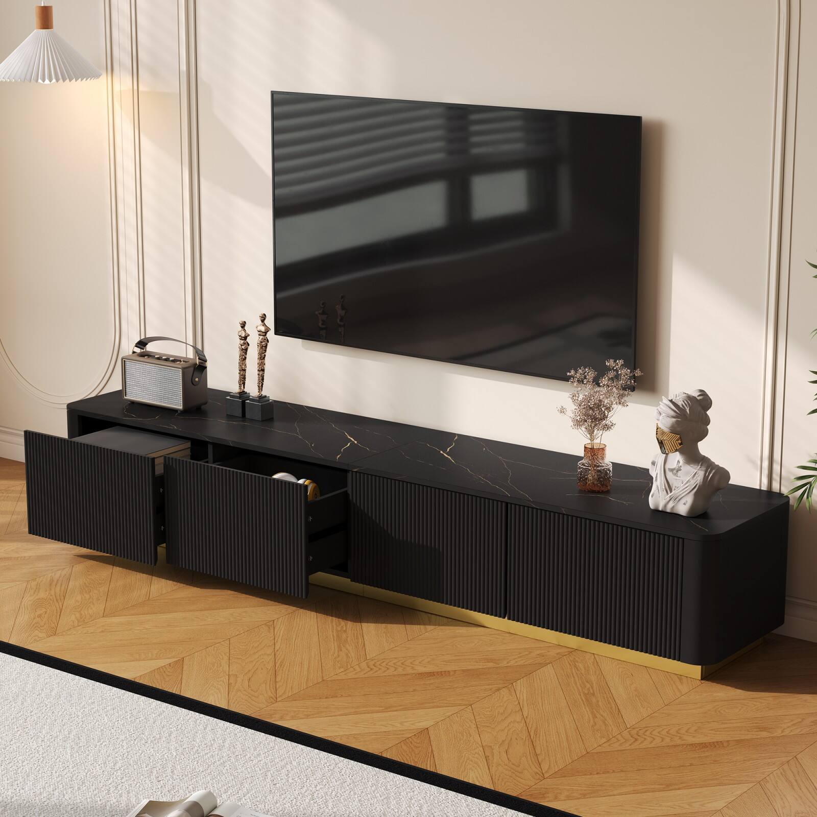 Alt View 7. Ecooso - Luxury Fluted TV Stand for TVs Up to 85", Faux Marble Tabletop Media Console，4 Drawers, Curved Profile Design, Gold Base - Black.