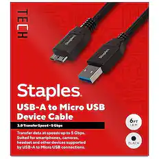 **TECH Staples**
**USB-A to Micro USB Device Cable**
- **3.0 Transfer Speed - 5 Gbps**
- Transfer data at speeds up to 5 Gbps.
- Suited for smartphones, cameras, headset, and other devices supported by USB-A to Micro USB connections.
- **6FT 1.8M BLACK**