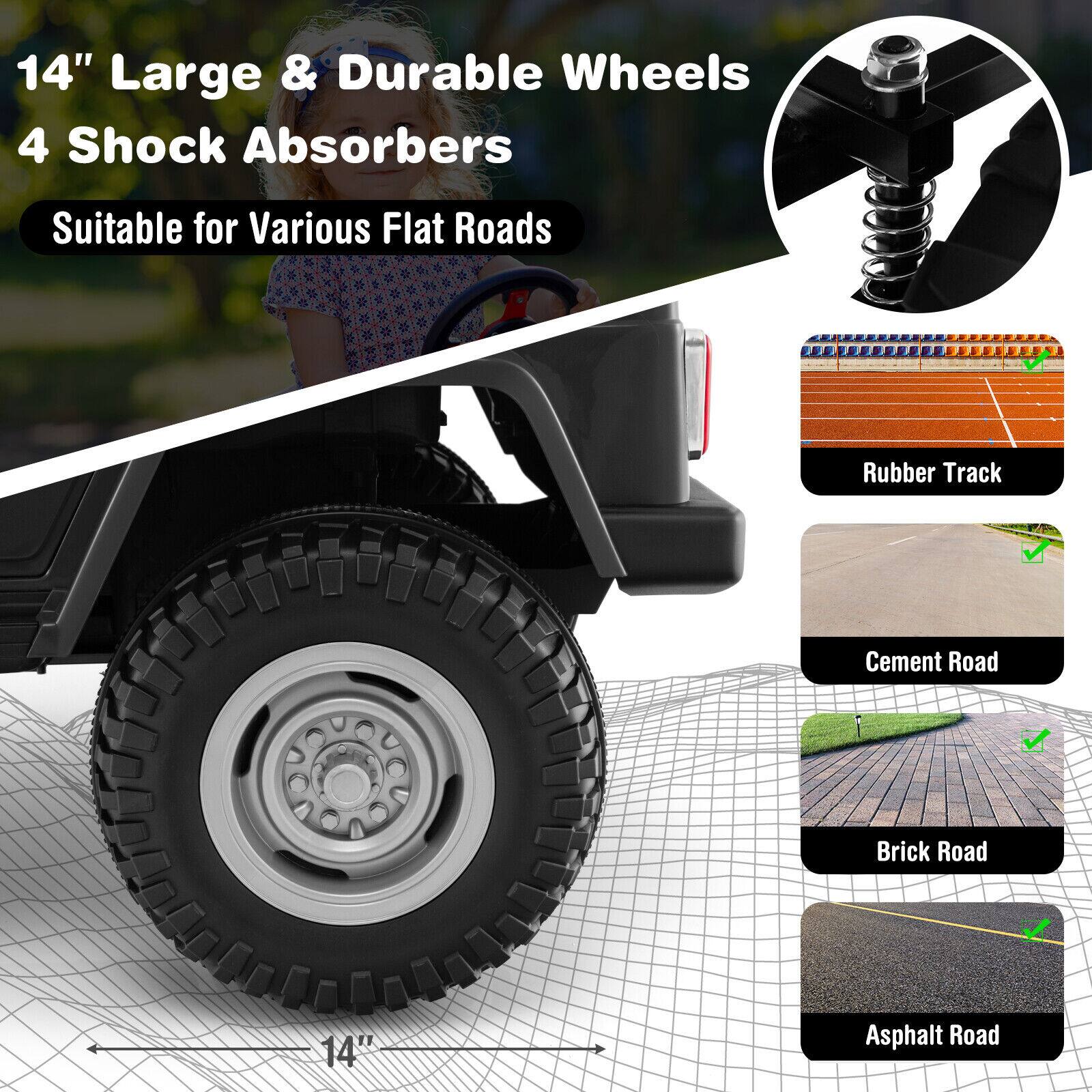 14" Large & Durable Wheels  
4 Shock Absorbers  
Suitable for Various Flat Roads  

- Rubber Track  
- Cement Road  
- Brick Road  
- Asphalt Road