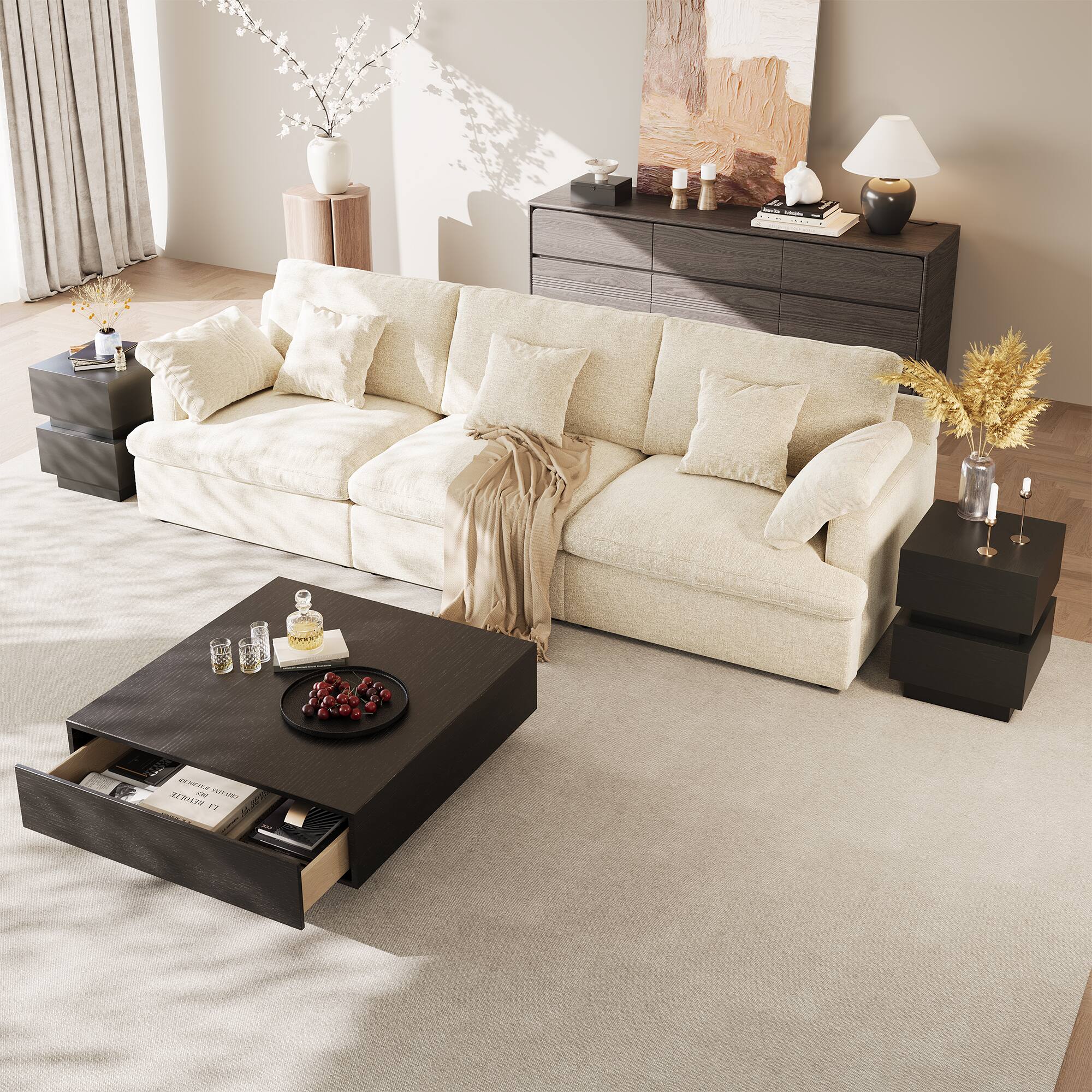 Alt View 8. POVISON - 39" Fully-assembled Mid-Century Square Wood Coffee Table with 2 Drawer for Living Room,  Black - Black.