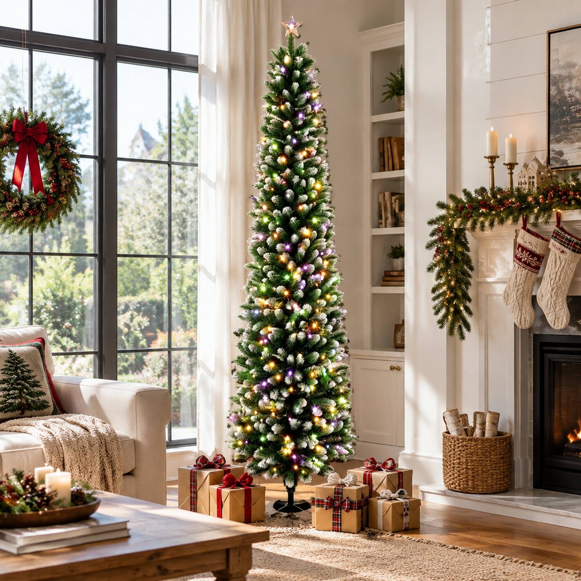 Back. RYHNUYNE - 8FT Pre-Lit Flocked Pencil Christmas Tree With Dual-Color Green White LED Lights and Remote, 11 Modes - Green,White.