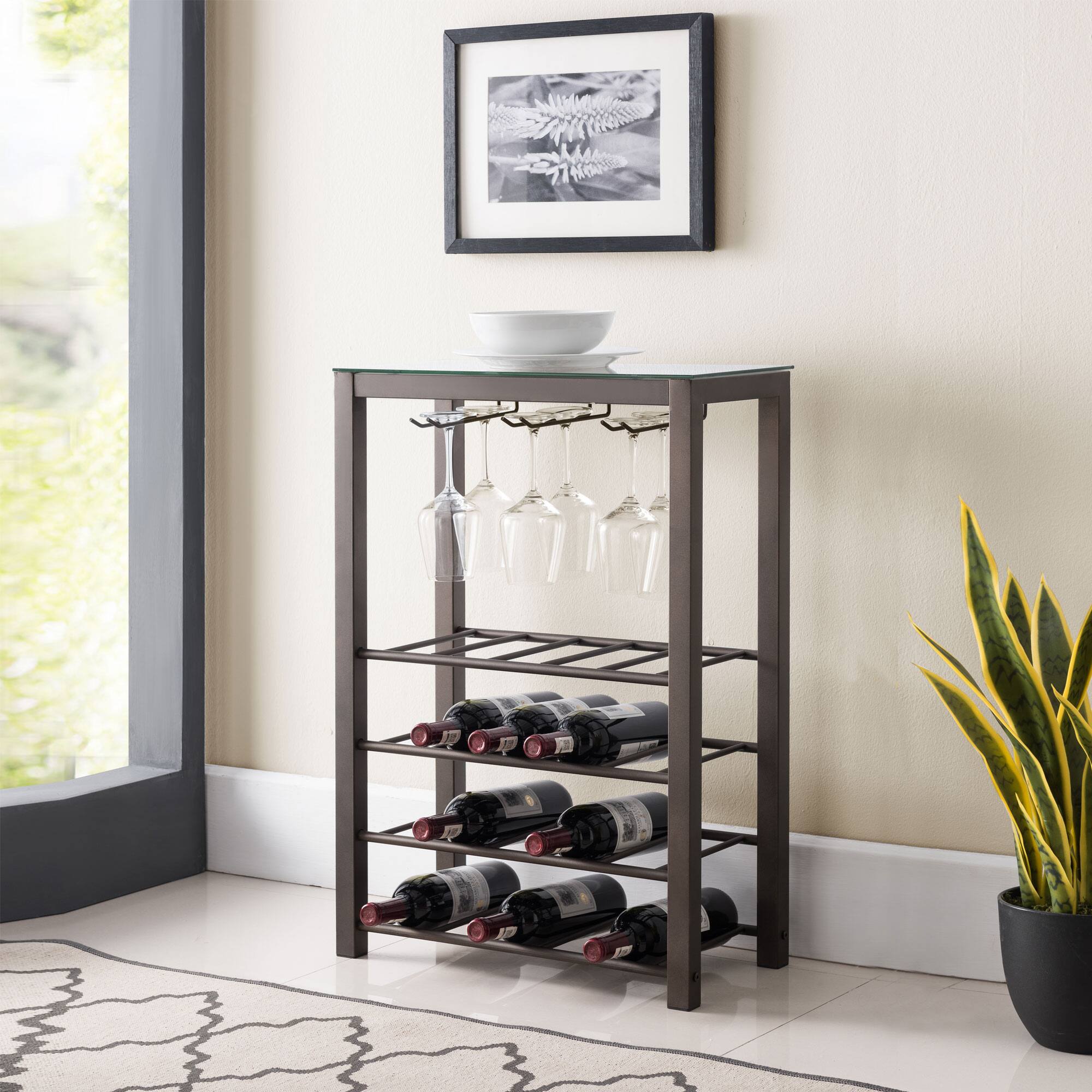 Front. Kings Brand Furniture - Kings Brand Furniture Freestanding Floor Wine Rack Storage Table - Hold 20 Bottles with Glasses Holder - Dark Grey.
