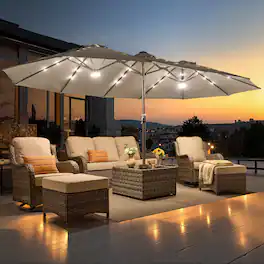 Ovios - 15ft Large Patio Umbrella with Base Outdoor Rectangle Umbrella with Warm White Solar LED Lights - Light Gray