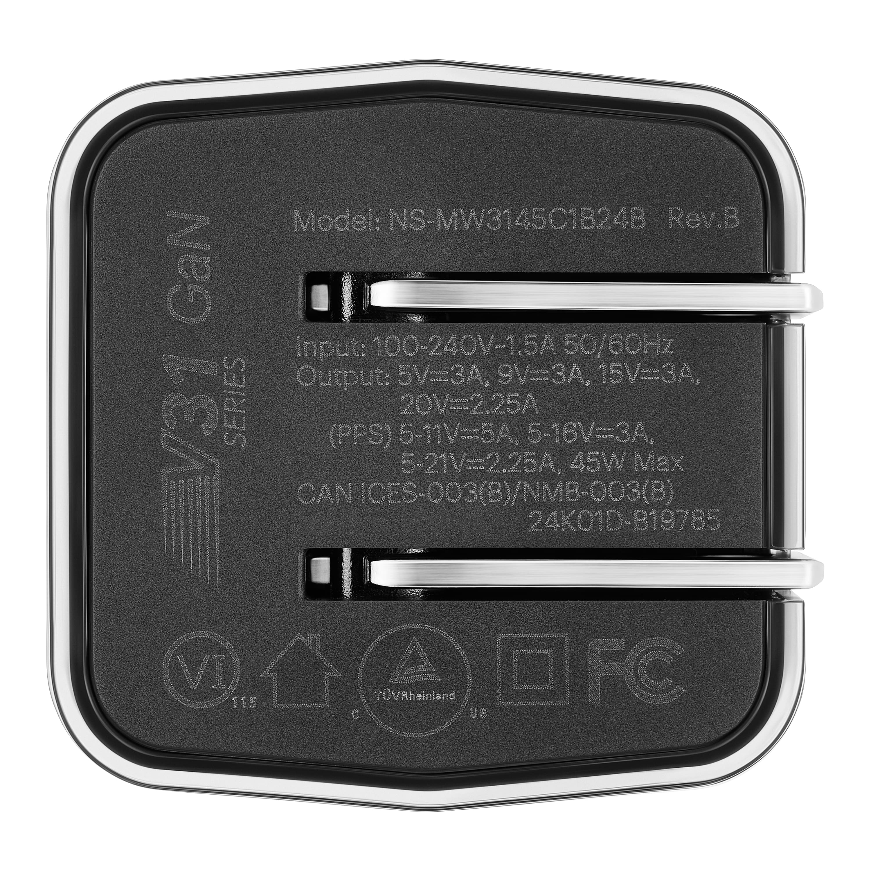 GaN V31 SERIES Model: NS-MW3145C1B24B Rev.B input: 100-240V-1.5A 50/60Hz Output: 5V=3A, 9V=3A, 15V=3A, 20V=2.25A (PPS) 5-11V=5A, 5-16V=3A, 5-21V=2.25A, 45W Max CAN ICES-003(B)/NMB-003(B) 24K01D-B19785 VI 115 TUVRheinland C US FC