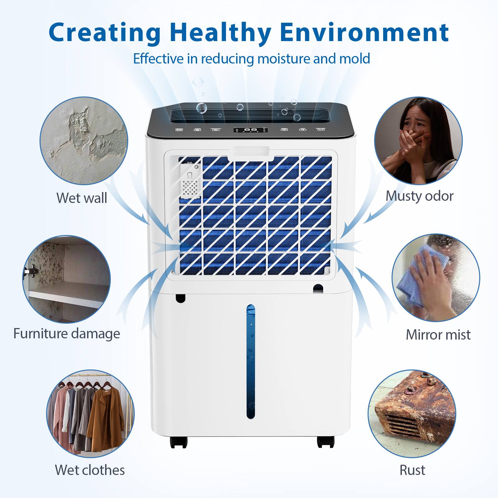 Creating Healthy Environment  
Effective in reducing moisture and mold  

- Wet wall  
- Musty odor  
- Furniture damage  
- Mirror mist  
- Wet clothes  
- Rust