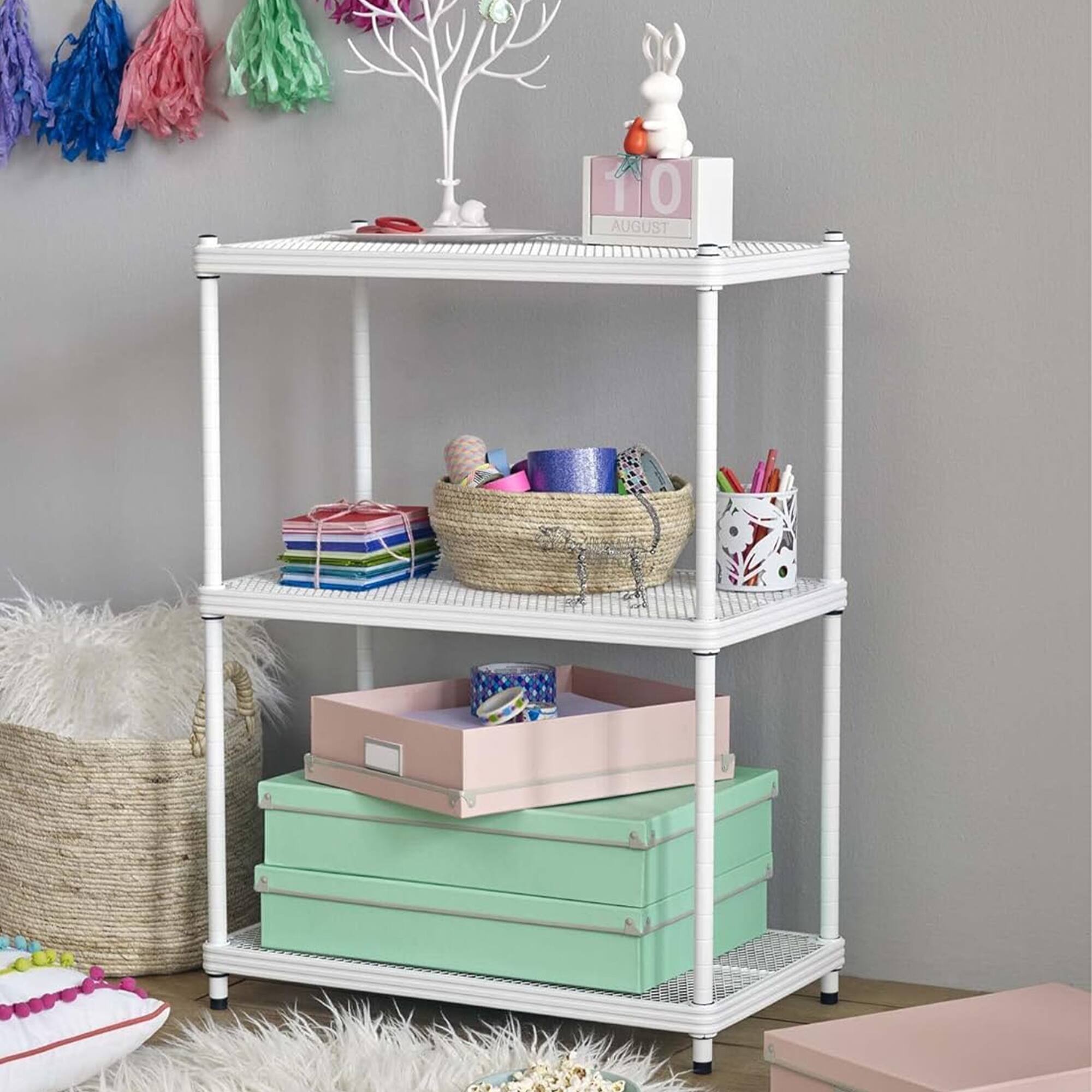 Alt View 4. Design Ideas - Design Ideas MeshWorks 3 Tier Full-Size Metal Storage Shelving Unit Rack, White - White.