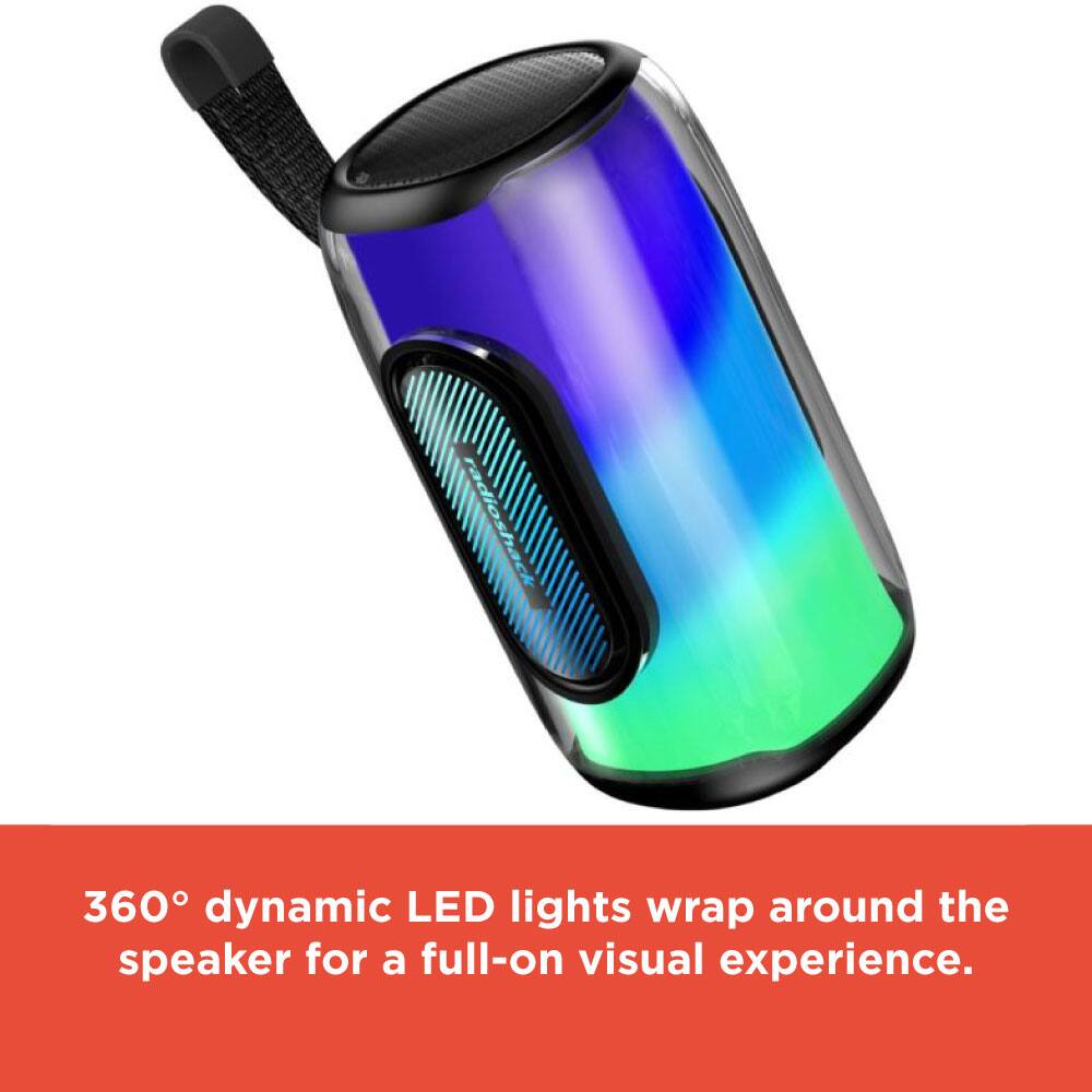 360° dynamic LED lights wrap around the speaker for a full-on visual experience.