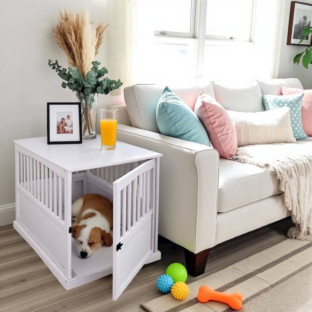 Alt View 4. FurniFact - White Dog Kennel Furniture with Gate, Solid Wood Dog Crate End Table - White.