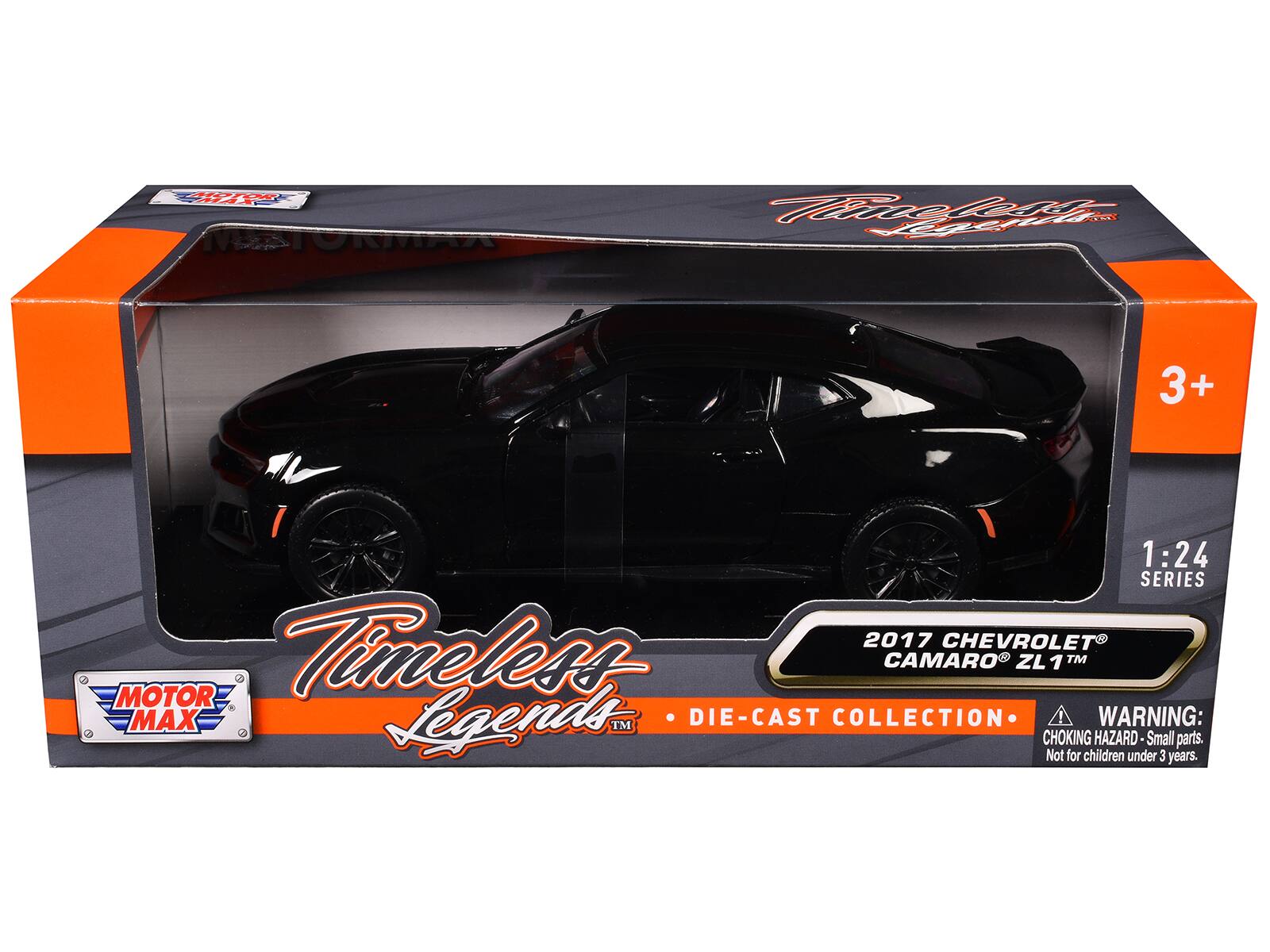 Sure, here is the corrected and grouped text from the image:

---

**MOTOR MAX**

**Timeless Legends™**

**DIE-CAST COLLECTION**

**2017 CHEVROLET® CAMARO® ZL1™**

**1:24 SERIES**

**WARNING: CHOKING HAZARD - Small parts. Not for children under 3 years.**

**3+**

---

This text is organized to reflect the branding, product details, and safety warning as seen on the packaging.