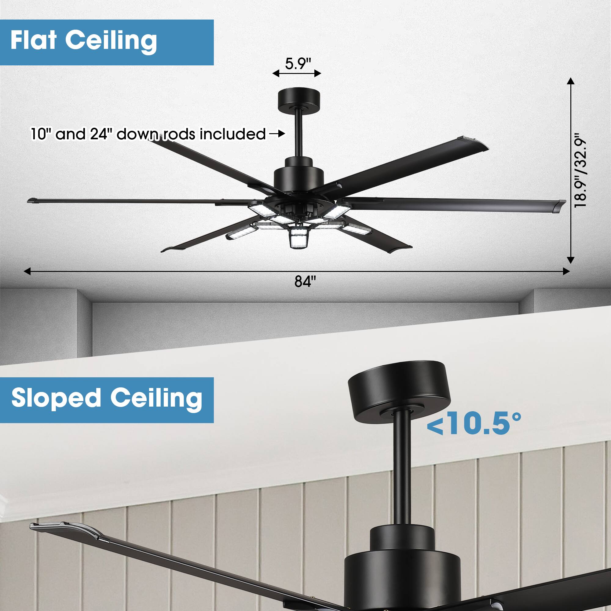 Flat Ceiling  
5.9"  
10" and 24" down rods included  
18.9"/32.9"  
84"  

Sloped Ceiling  
<10.5°