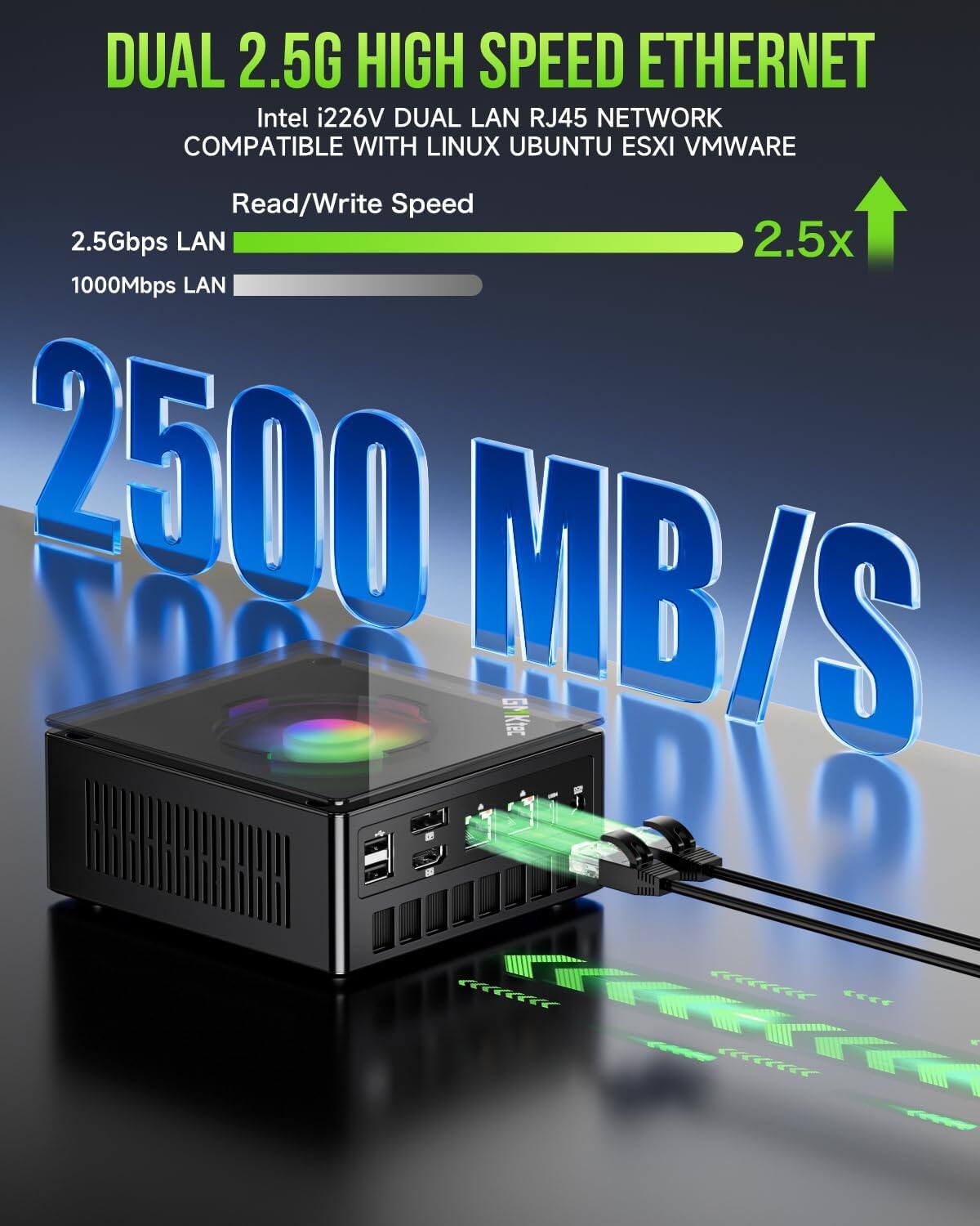 DUAL 2.5G HIGH SPEED ETHERNET  
Intel i226V DUAL LAN RJ45 NETWORK  
COMPATIBLE WITH LINUX UBUNTU ESXI VMWARE  

Read/Write Speed  
2.5Gbps LAN  
1000Mbps LAN  
2.5x  

2500 MB/S