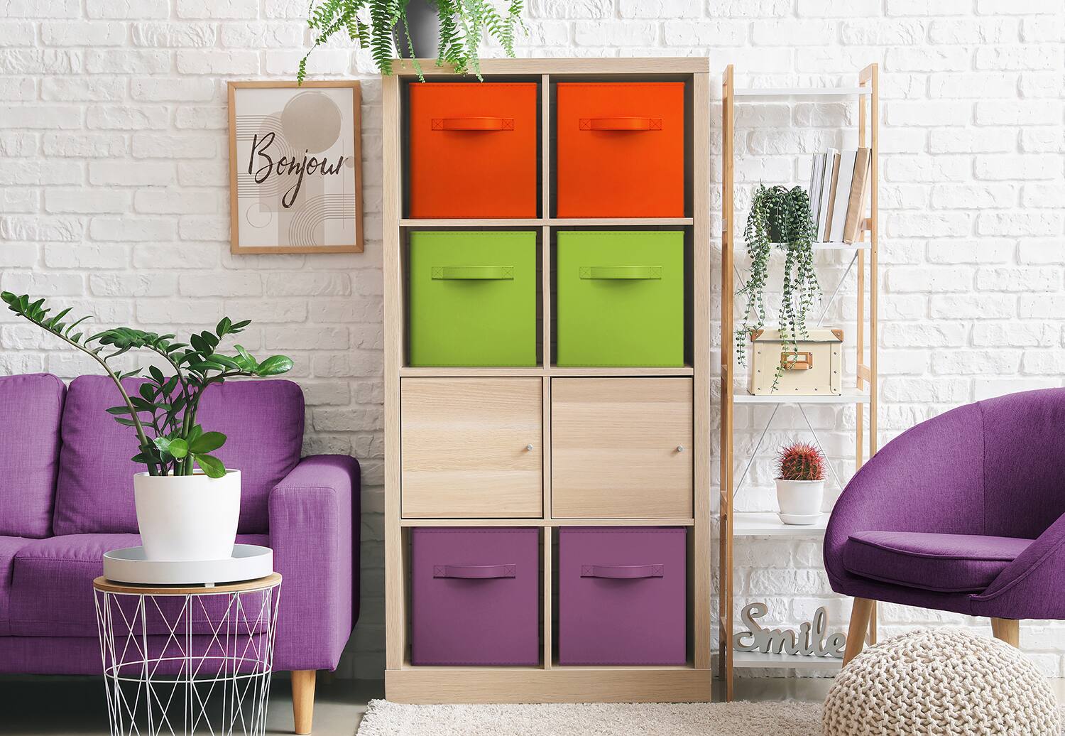 Alt View 2. Sorbus - Sorbus Fabric Storage Cubes, 8 Foldable Storage Bins for Organizing Pantry, Cubbies, Toy Box, Clothes Storage - Purple, Green, Orange.