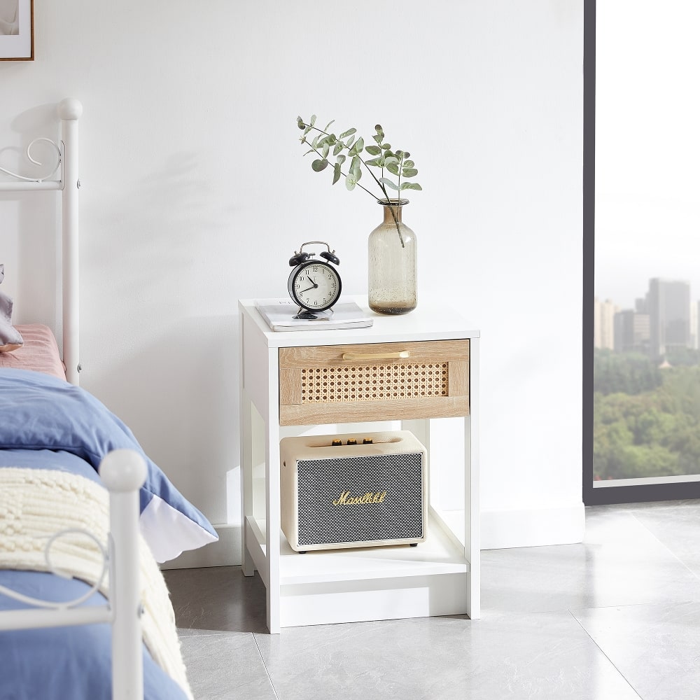 Loheer - Rattan End Table Modern Square Nightstand with Drawer - White price history on PriceWatchPro