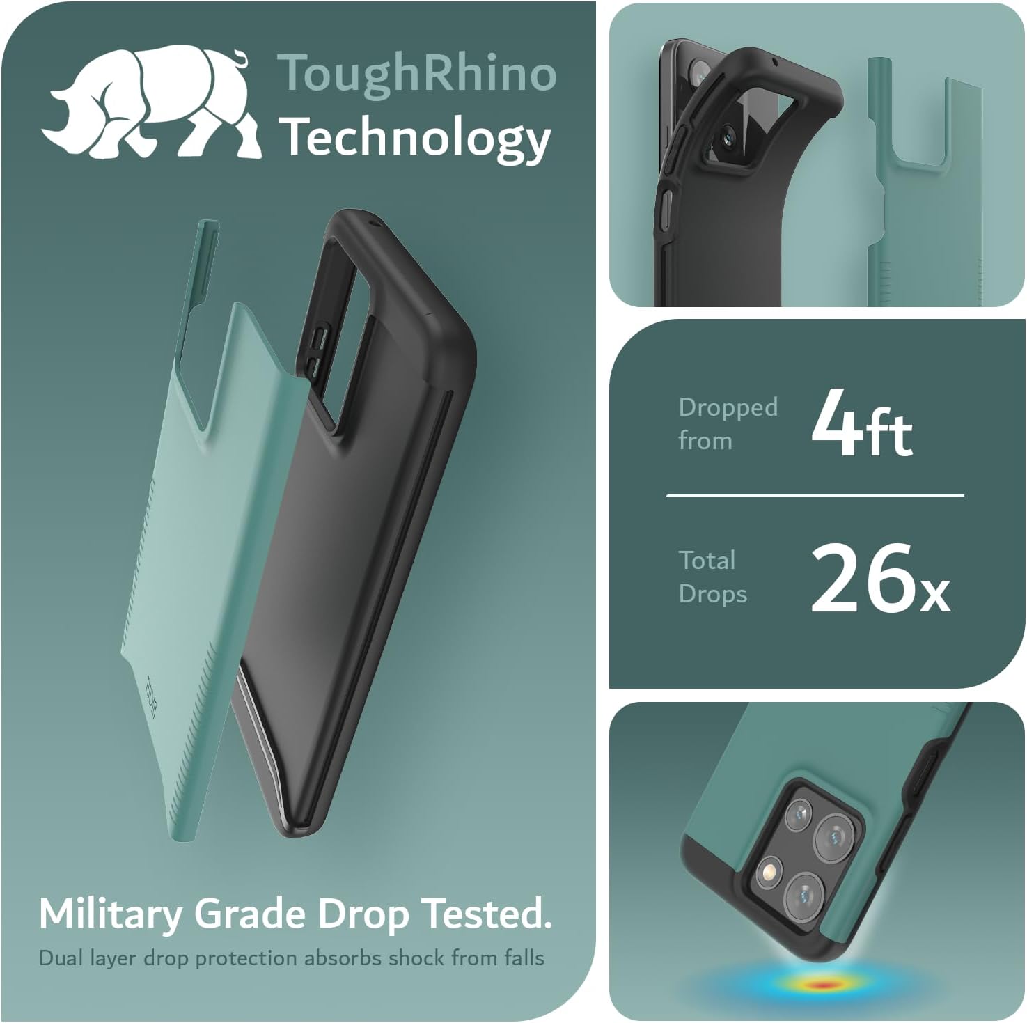 ToughRhino Technology

Dropped from 4ft  
Total Drops 26x

Military Grade Drop Tested.  
Dual layer drop protection absorbs shock from falls