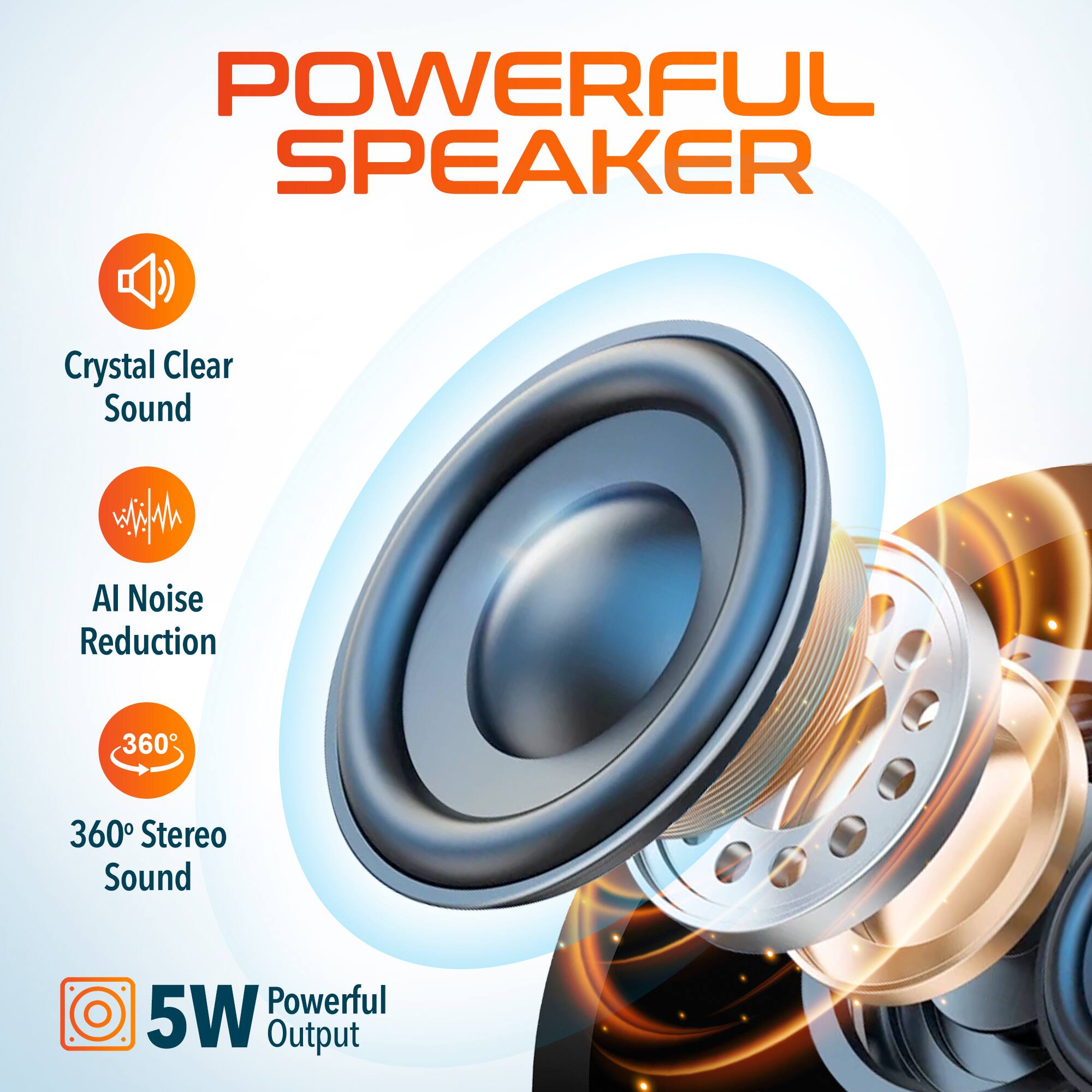 POWERFUL SPEAKER Crystal Clear Sound AI Noise Reduction 360° Stereo Sound 5W Powerful Output