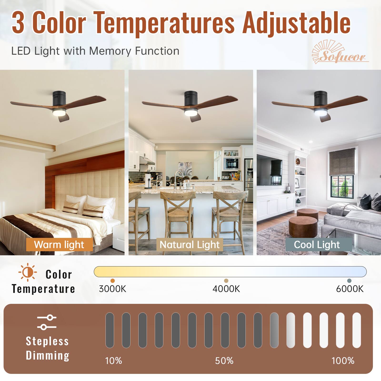 3 Color Temperatures Adjustable  
LED Light with Memory Function  

Warm light  
Natural Light  
Cool Light  

Color Temperature  
3000K  
4000K  
6000K  

Stepless Dimming  
10%  
50%  
100%