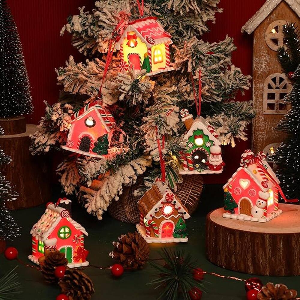 Left. Schertz - Set of 12 LED Gingerbread House Ornaments – Sparkling Holiday Christmas Tree Decorations - multicolored.