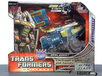 TRANSFORMERS UNIVERSE  
ONSLAUGHT  
S.W.A.I. x2  
Electronic Lights and Sounds!  
ULTRA CLASS  
TFsource.com