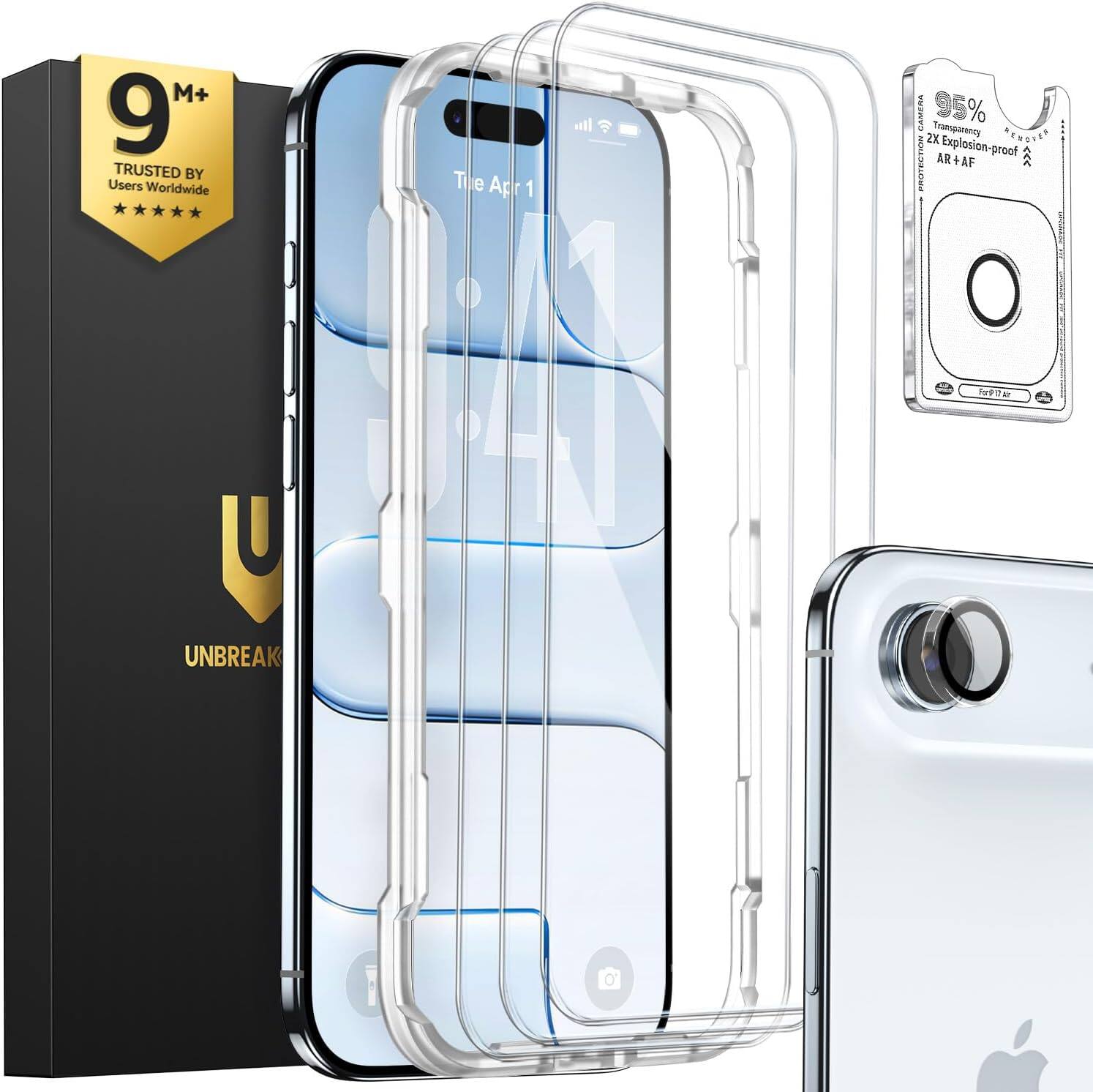 M+ 9 TRUSTED BY Users Worldwide  
Tipe Apr 1  
JAJ UNBREAK  
CAMERA 95% Transparency  
2X Explosion-proof PROTECTION AR+AF  
+ 9.5g Formp 17 AM Air