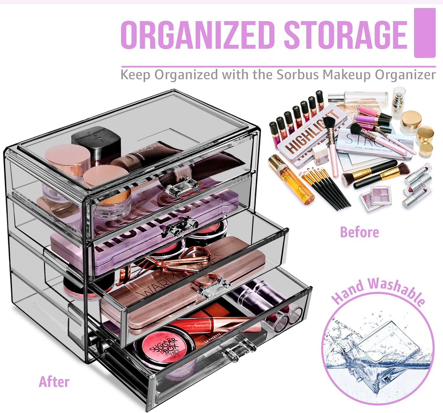 ORGANIZED STORAGE  
Keep Organized with the Sorbus Makeup Organizer  

Before  
After  

Hand Washable
