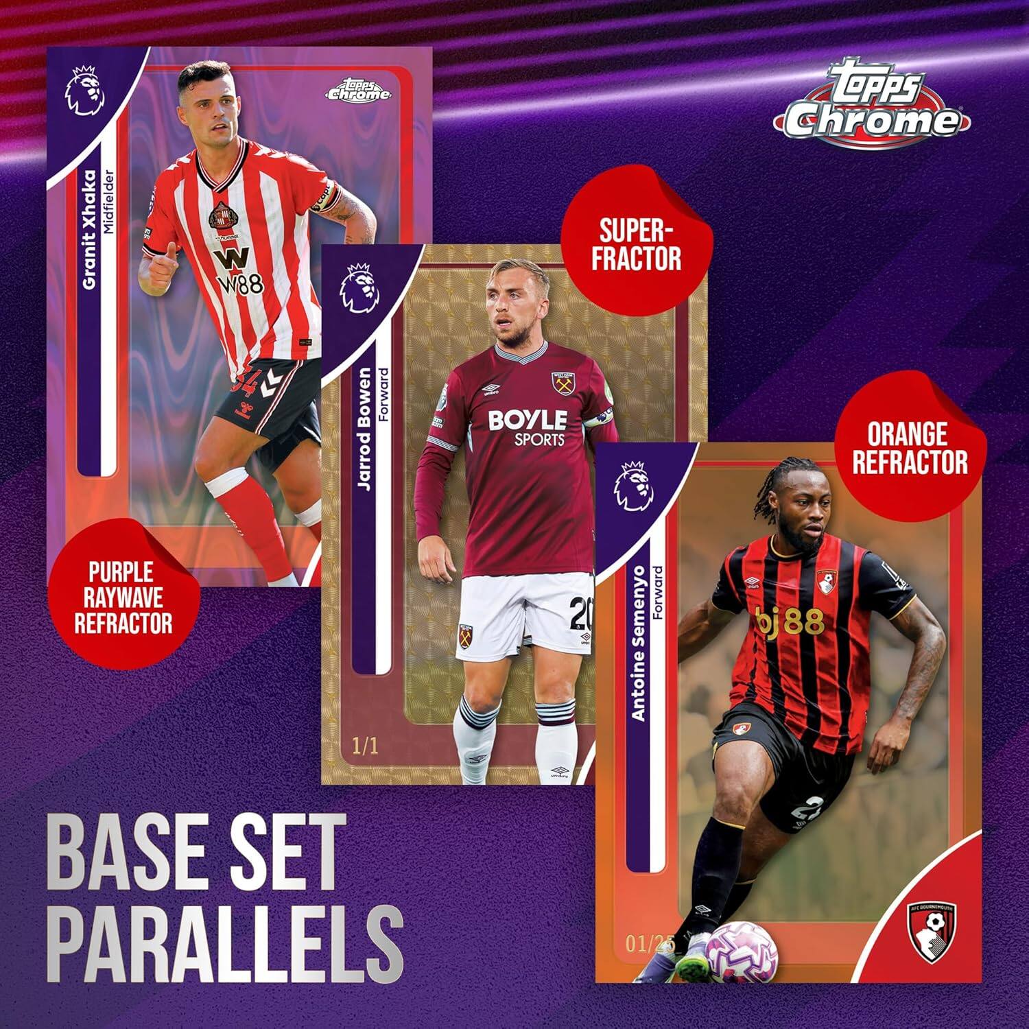 Xhaka Midfielder Granit W88  
Bowen Jarrod Forward  
Semenyo Forward Antoine d bj88  

SUPER-FRACTOR  
ORANGE REFRACTOR  
PURPLE RAYWAVE REFRACTOR  

BASE SET PARALLELS 01/2