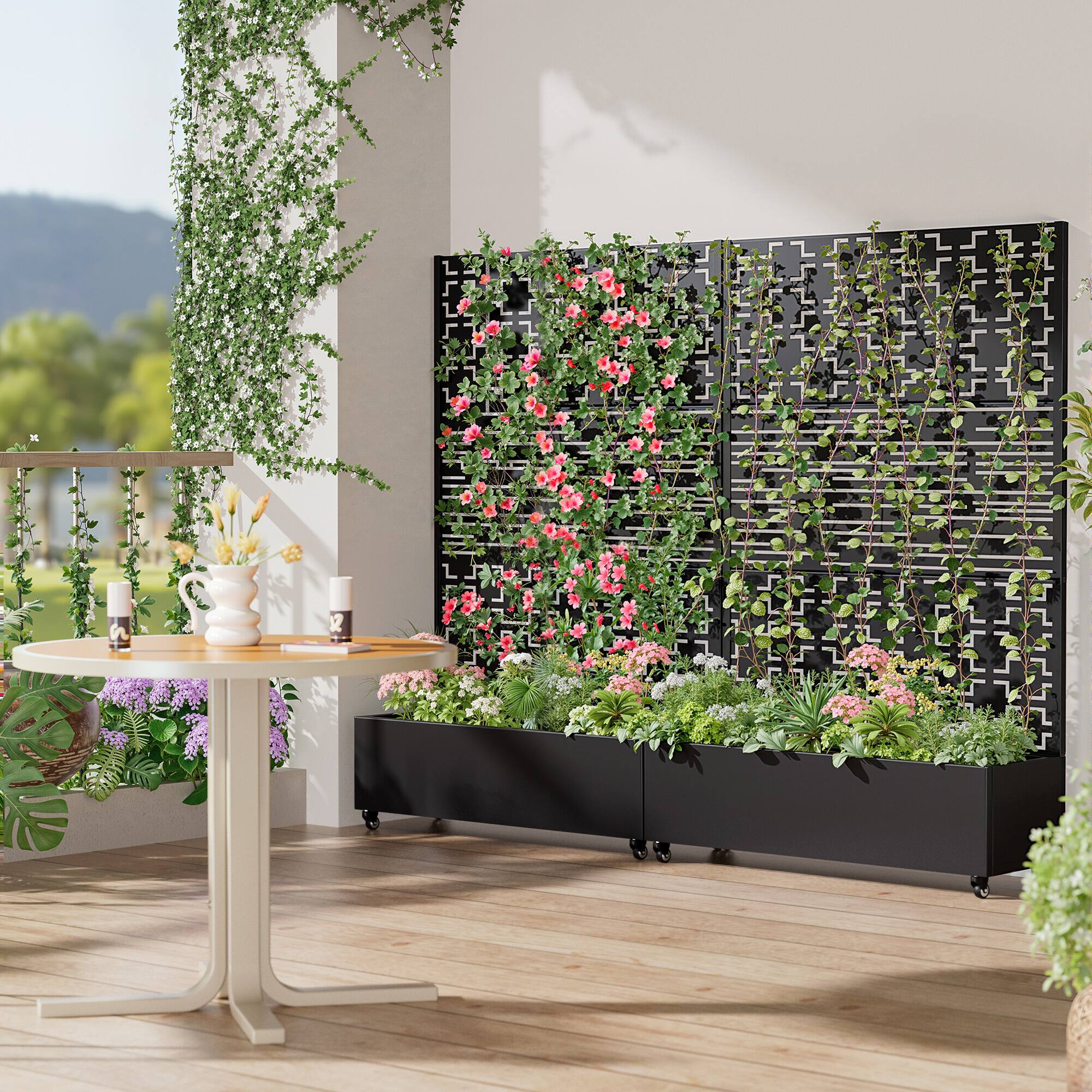 Alt View 3. PexFix - 72 in. H x 47 in. W Squine Pattern Rectangle Metal Planter Box Raised Garden Beds with Trellis-Ideal for Balcony - Black.