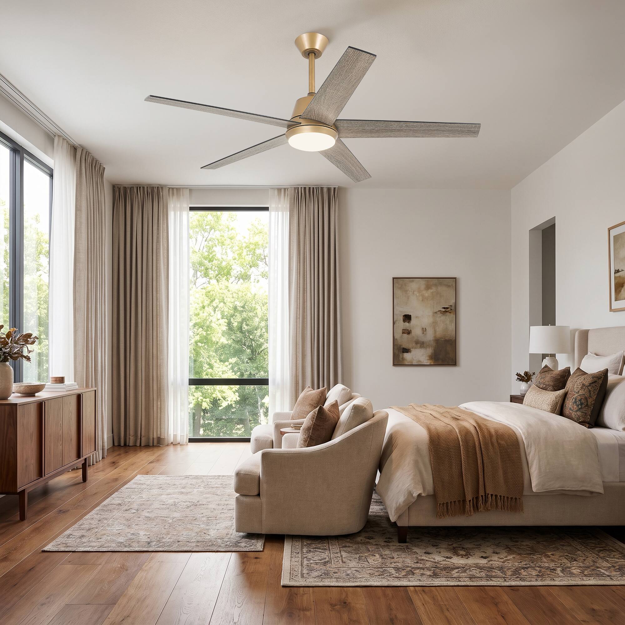 Left. Vaczon - 52" Transition Dimmable LED Smart Ceiling Fan with Light and App, Remote and Reversible Blades - Gold.