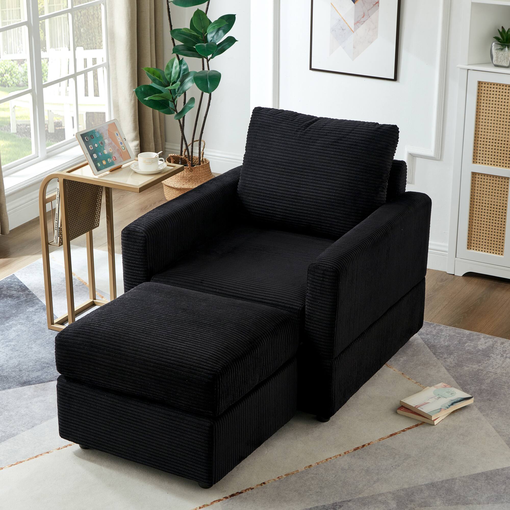 Angle. APRILSOUL - Classic Corduroy Chaise Lounge Comfy Sofa Chaise Couch Chair Upholstered Accent Chair with Ottoman for Living Room Black - Black.