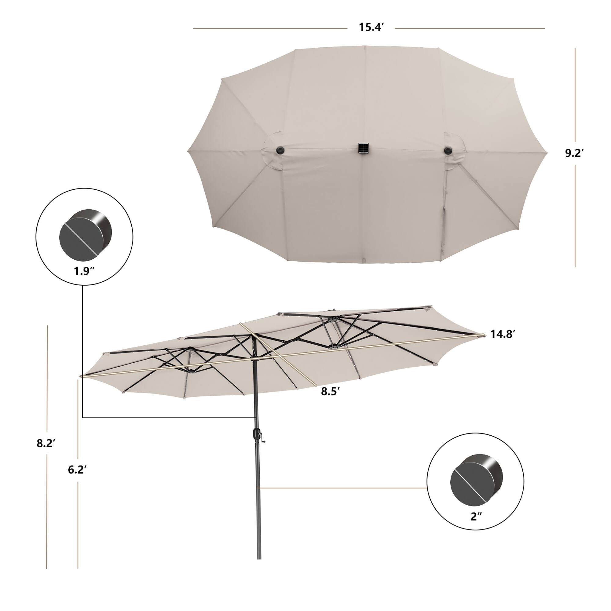 The text on the image reads: 15.4' 9.2' 1.9" 14.8' 8.5' 8.2' 6.2' 2". This information is likely related to the dimensions of the umbrella.
