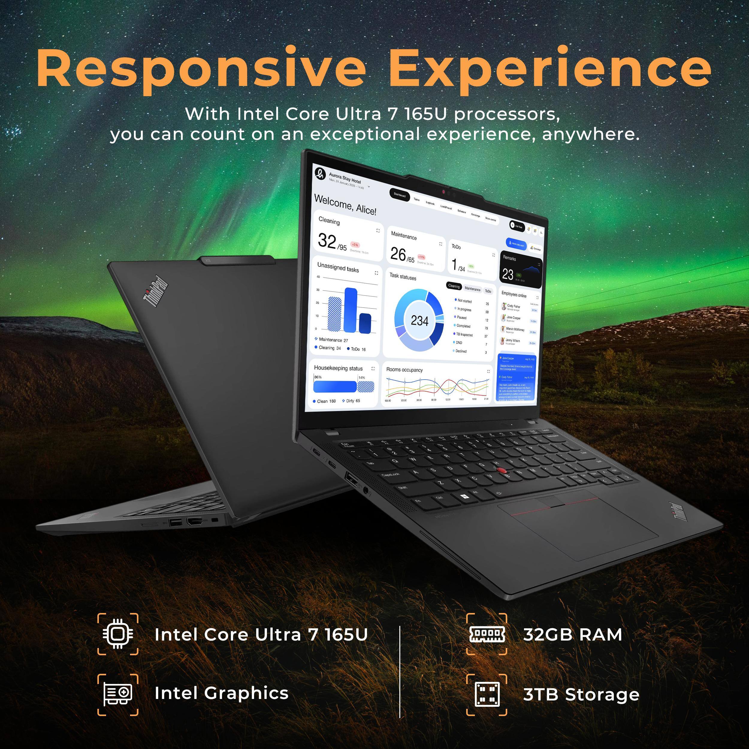 Responsive Experience  
With Intel Core Ultra 7 165U processors, you can count on an exceptional experience, anywhere.

Welcome, Alice Cearg  
32 Mntorania / 26 AR Unassigned Tasks E - N 234 Musaros - Ceerng - 6 - So 1 I - - - - - - - Rerats 23 noingotc ma/e - Houtehaeping siaus i - . m OH - . - - - - .. I - - 1 - - - - - - - - I : L - I - - - - - - - - - - - - - - - - - - - - - - - - - - - - - - - - - - - - - - - - - - - - - - - - - - - - - - - - - - - - - - - - - - - - - - - - - - - - - - - - - - - - - - - - - - - - - - - - - - - - - - - - - - - - - - - - - - - - - - - - - - - - - - - - - - -