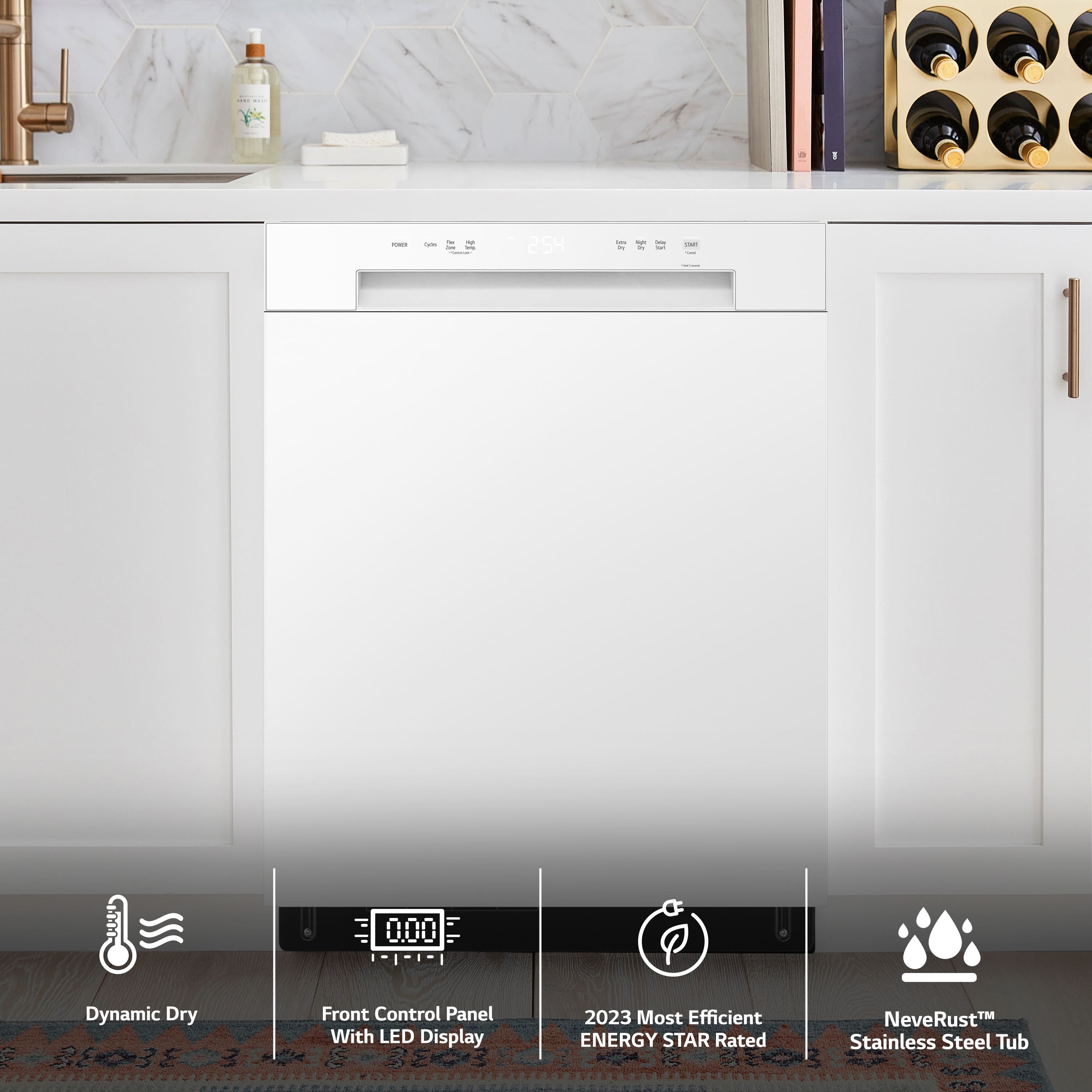 The image features a kitchen with a white dishwasher and a sink. The dishwasher has a front control panel with an LED display, making it a 2023 most efficient ENERGY STAR rated appliance. The kitchen also includes a NeveRust stainless steel tub, which is known for its durability and resistance to rust. The image is advertising the dishwasher and the tub, highlighting their features and benefits.