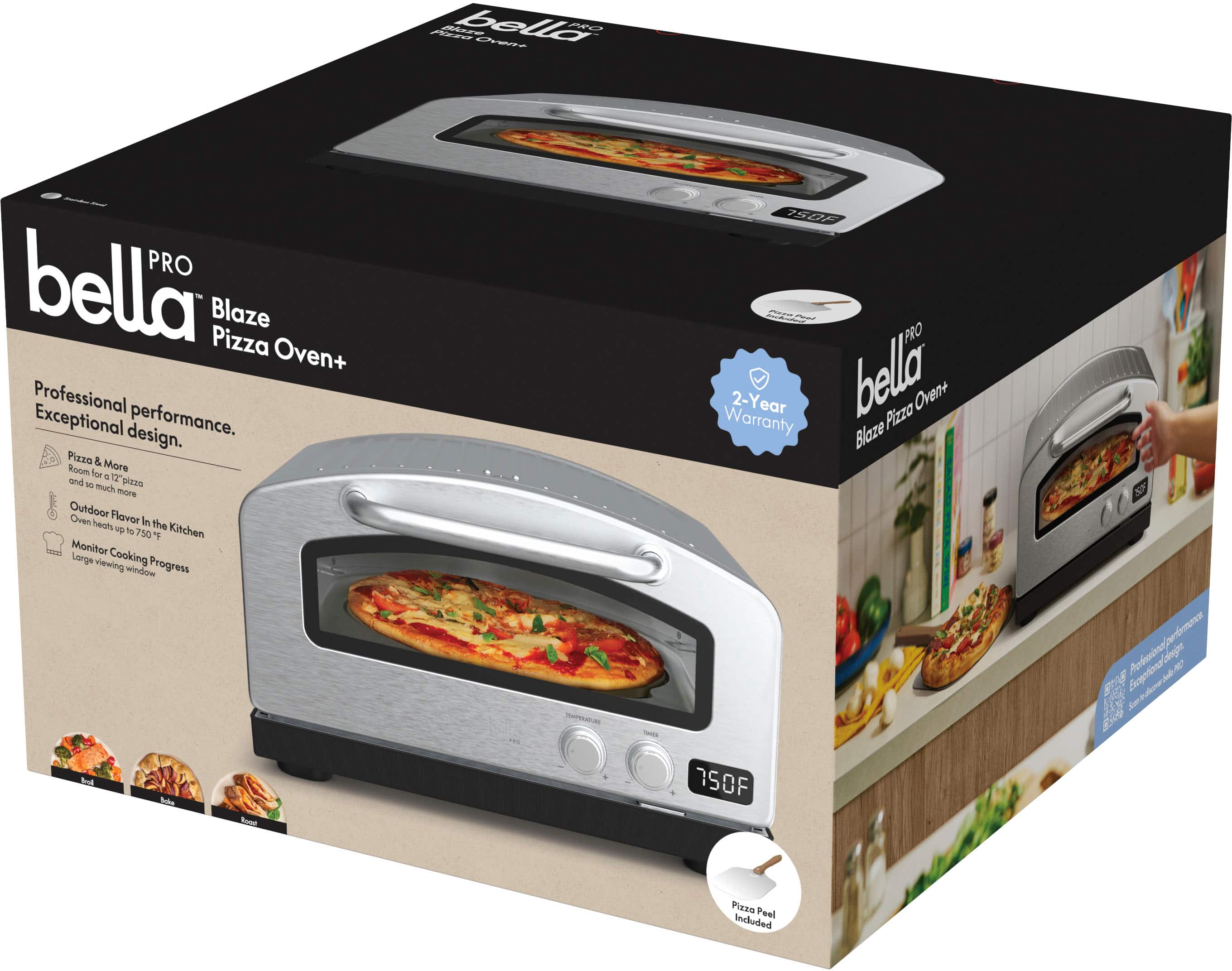 The image features a box containing a Bella Pro Pizza Oven. The box showcases the oven's design and performance, emphasizing its exceptional capabilities. The oven is designed to heat up to 750 degrees Fahrenheit and comes with a kitchen monitor for easy viewing of cooking progress. The box also includes a pizza peel for added convenience. The Bella Pro Pizza Oven is perfect for outdoor pizza enthusiasts who want to enjoy the authentic flavor of pizza in the comfort of their own home. The oven comes with a 2-year warranty, ensuring that it will last for years to come.