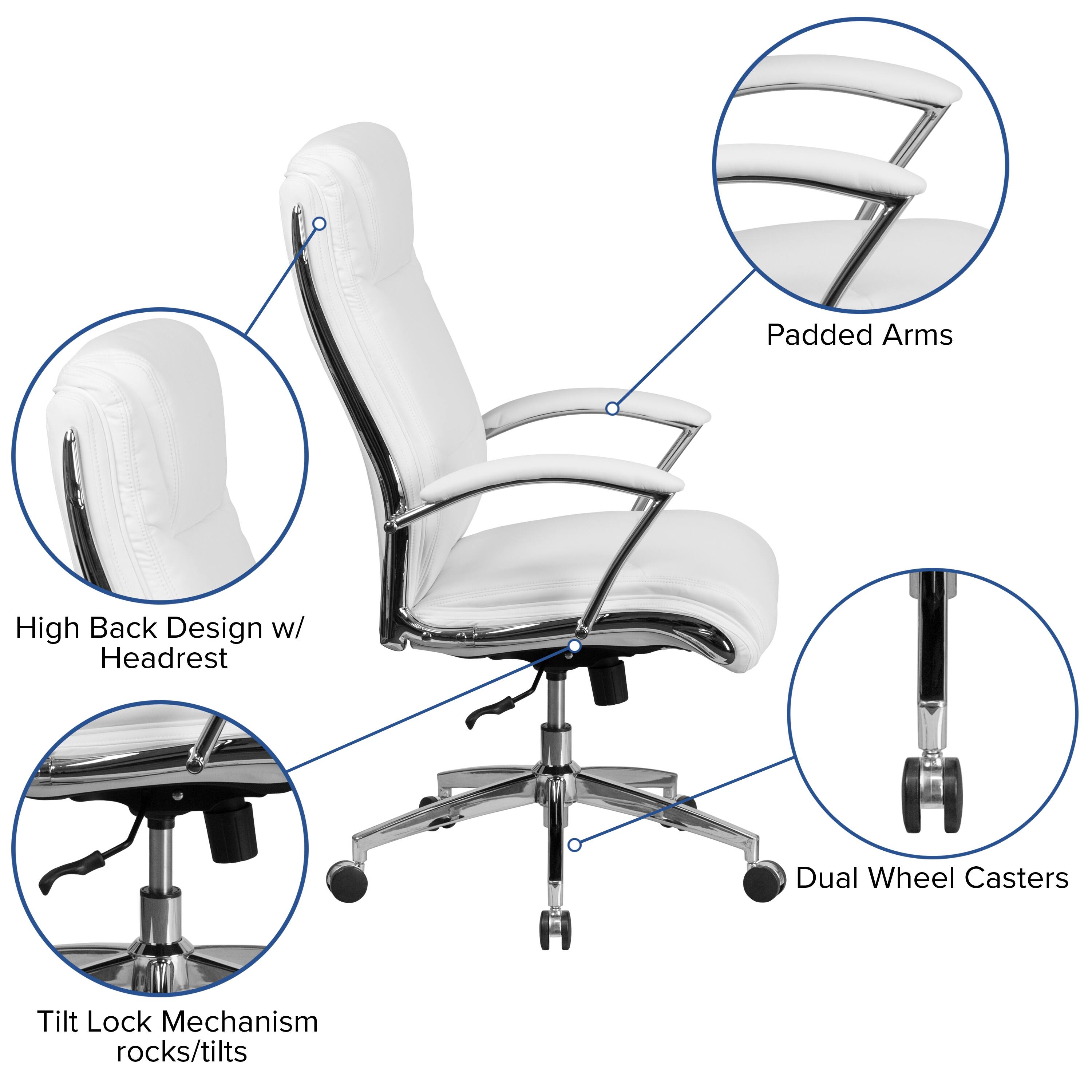 - Padded Arms
- High Back Design w/ Headrest
- Dual Wheel Casters
- Tilt Lock Mechanism rocks/tilts