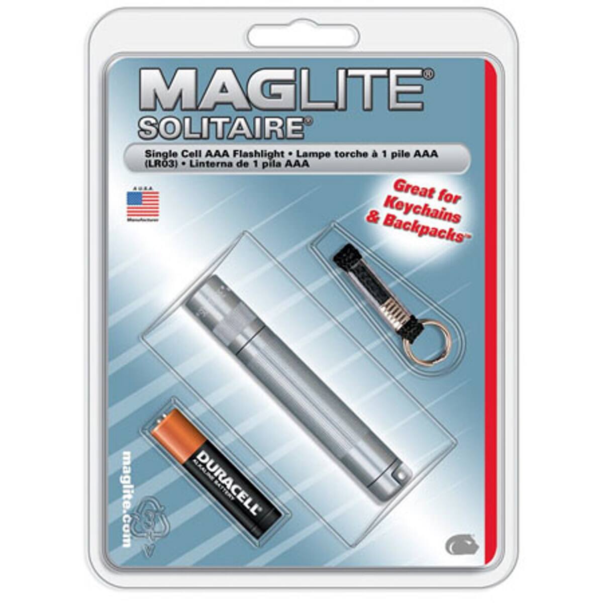 MAGLITE SOLITAIRE Single Cell AAA Flashlight  
Lampe torche 1 pile AAA (LR03)  
Linterna de 1 pila AAA  
Great for Keychains & Backpacks  
maglite.com  
DURACELL BATTERY