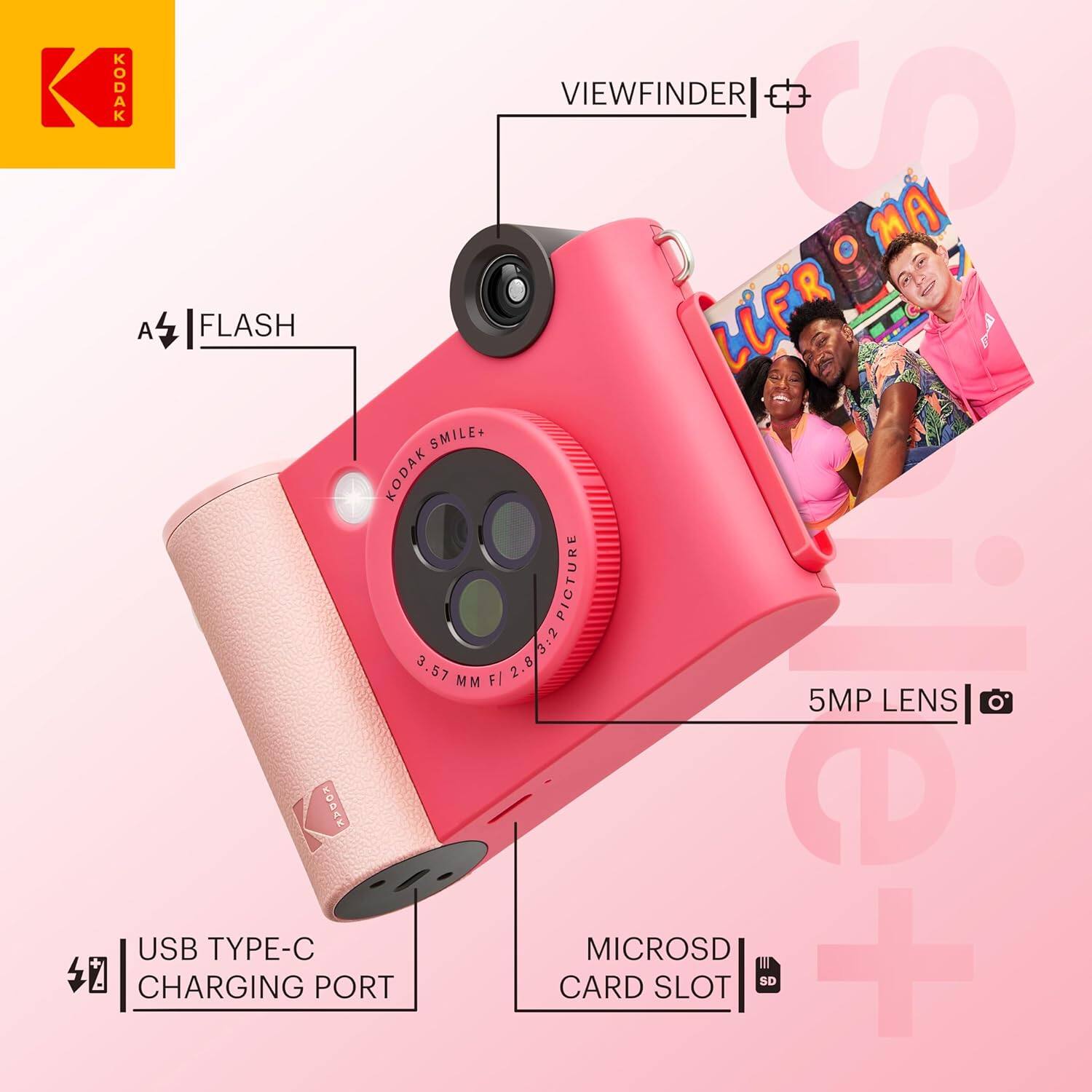 KODAK VIEWFINDER I S MA O A FLASH LLFR ~ SMILE+ KODAK PICTURE 3.57 MM F/ 2.8/512 2.8 2 5MP LENS 4 CHARGING USB TYPE-C PORT KODAK CARD MICROSD SLOT SD ile+ +