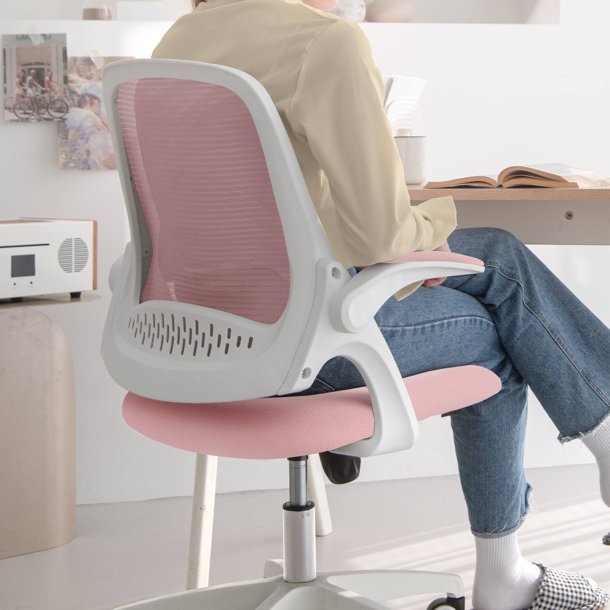 Alt View 6. Neo Chair - Office Desk Chair Computer Ergonomic Lumbar Back Support with Flip-up Padded Armrest and Wheels for Home Vanity Study - Plastic Base-Pink.