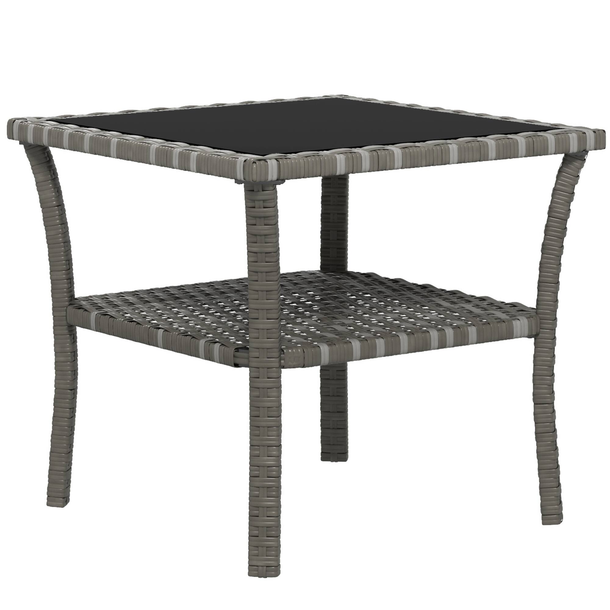 Front. Outsunny - Rattan Side Table, Outdoor End Table with Storage Shelf, Aluminum Frame Square, Coffee Table with Tempered Glass Top - Mixed Gray.