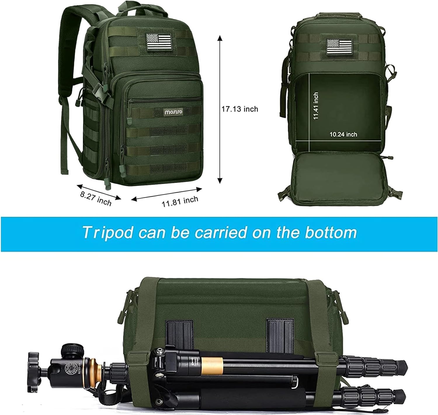 Moro 17.13 inch, 11.41 inch, 10.24 inch, 8.27 inch, 11.81 inch. Tripod can be carried on the bottom.