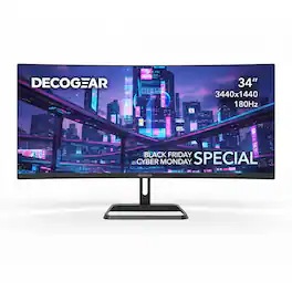 Deco Gear - 34" Super Ultrawide Curved Gaming Monitor 3440x1440, 180Hz, 1ms, HDR, 100% sRGB, Adaptive Sync, HDMI/DP - Black