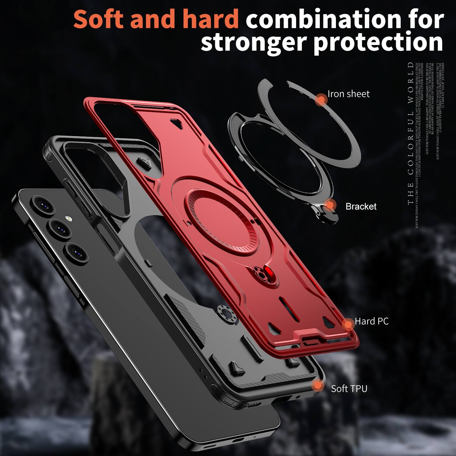 Soft and hard combination for stronger protection

Iron sheet

Bracket

Hard PC

Soft TPU