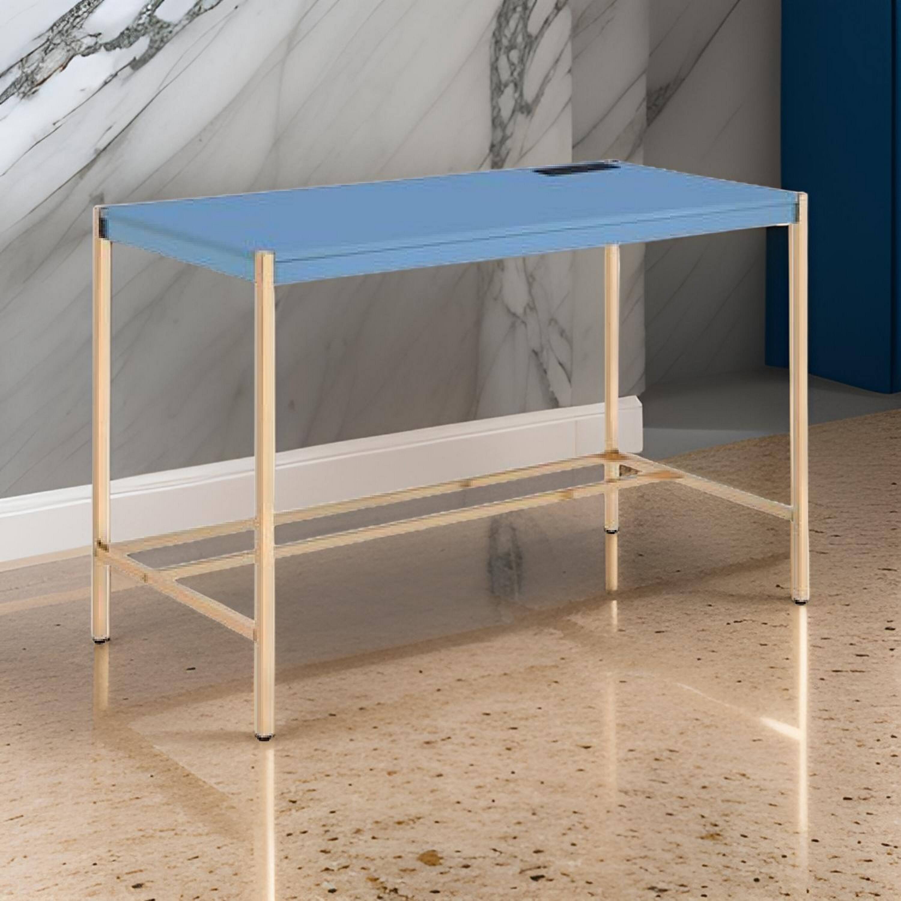 Alt View 2. Manhattan Lane - Writing Desk with USB Dock and Metal Legs, Blue and Rose Gold - Blue and Gold.