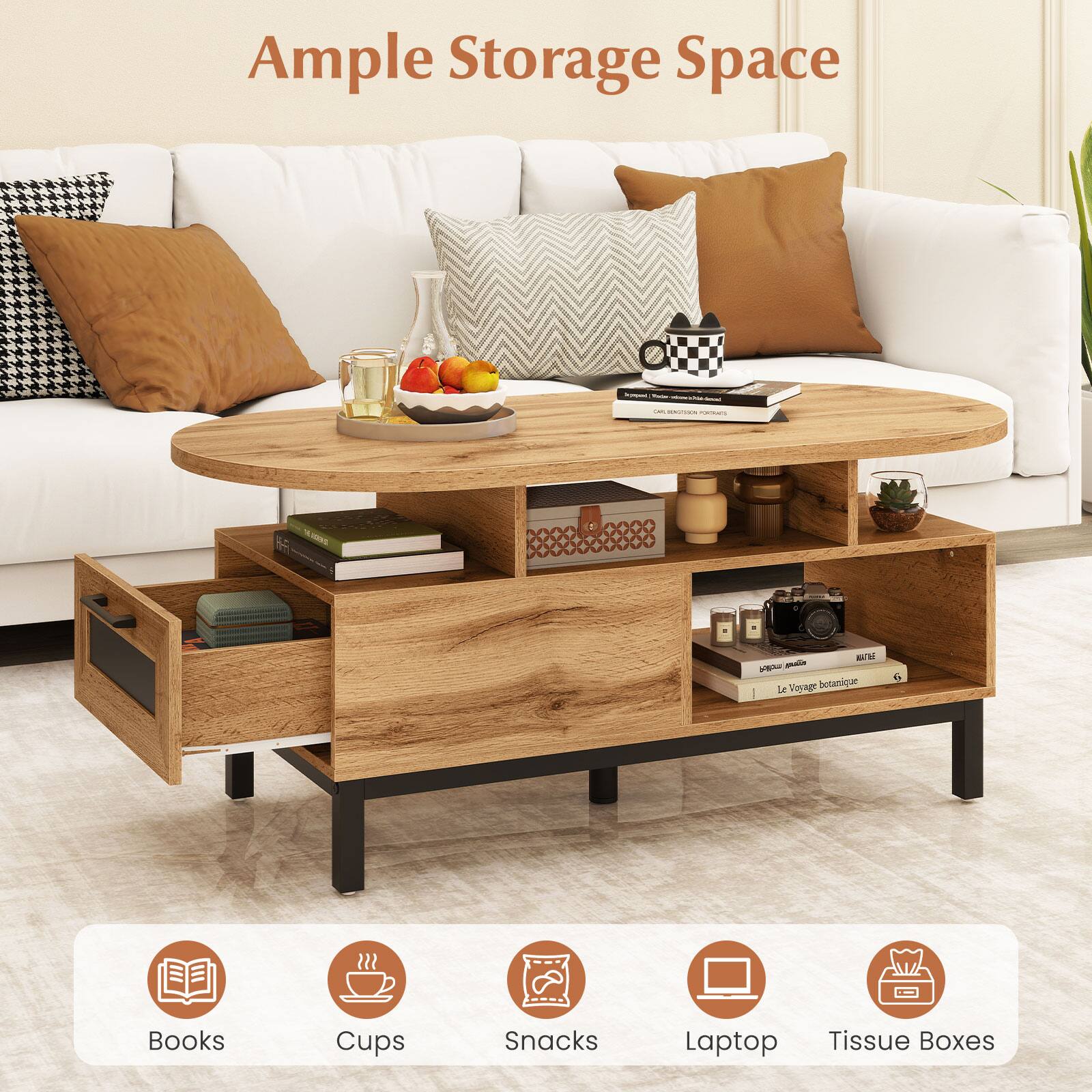Ample Storage Space

- Books
- Cups
- Snacks
- Laptop
- Tissue Boxes