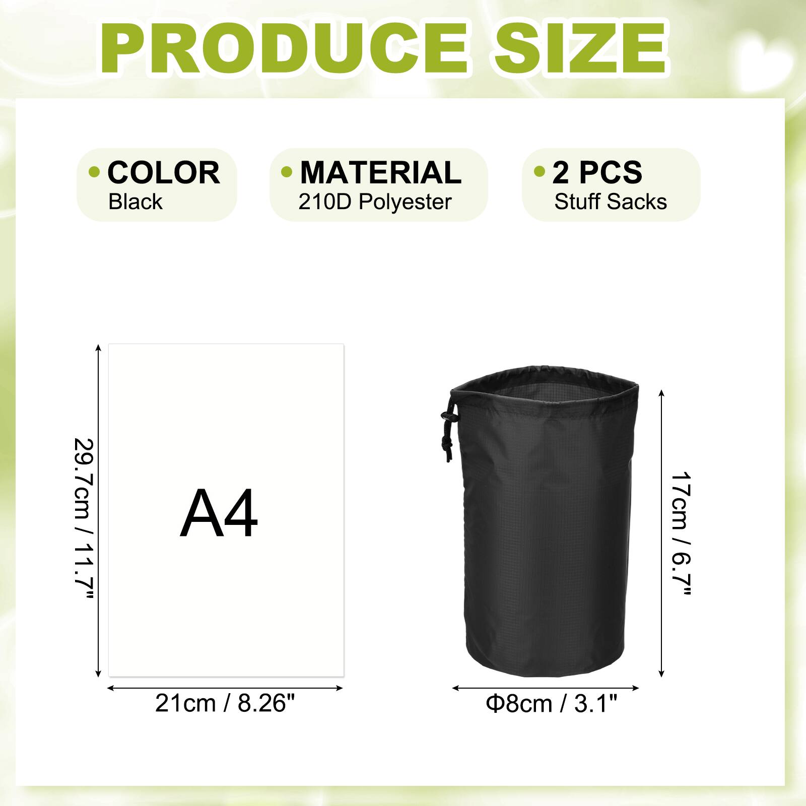 PRODUCE SIZE

- COLOR: Black
- MATERIAL: 210D Polyester
- 2 PCS Stuff Sacks

A4
- 29.7cm / 11.7"
- 21cm / 8.26"
- 17cm / 6.7"
- Ø8cm / 3.1"