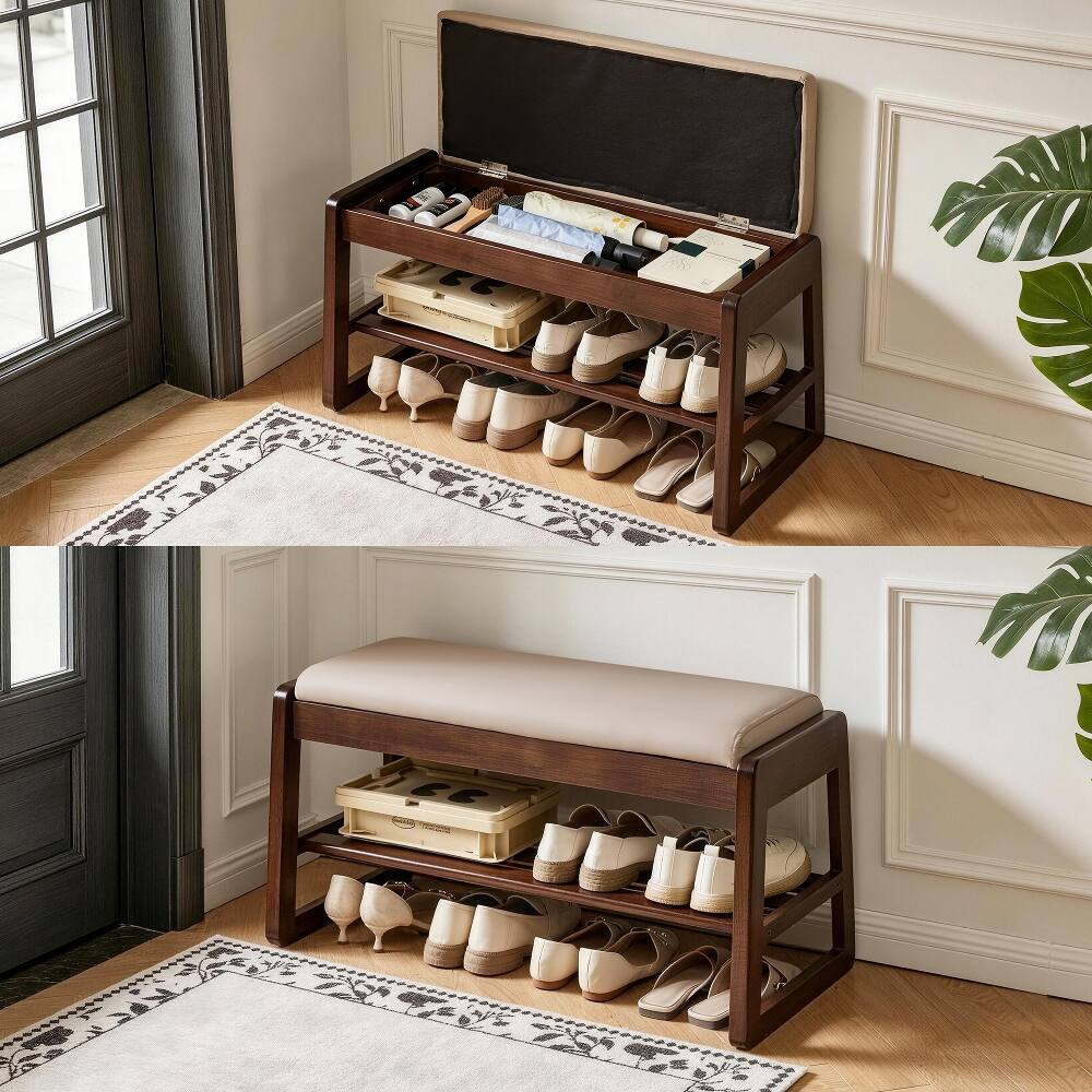 Front. Loheer - Loheer wood shoe storage bench, 31.5 inch entryway bench with hidden storage - Off White and Brown.