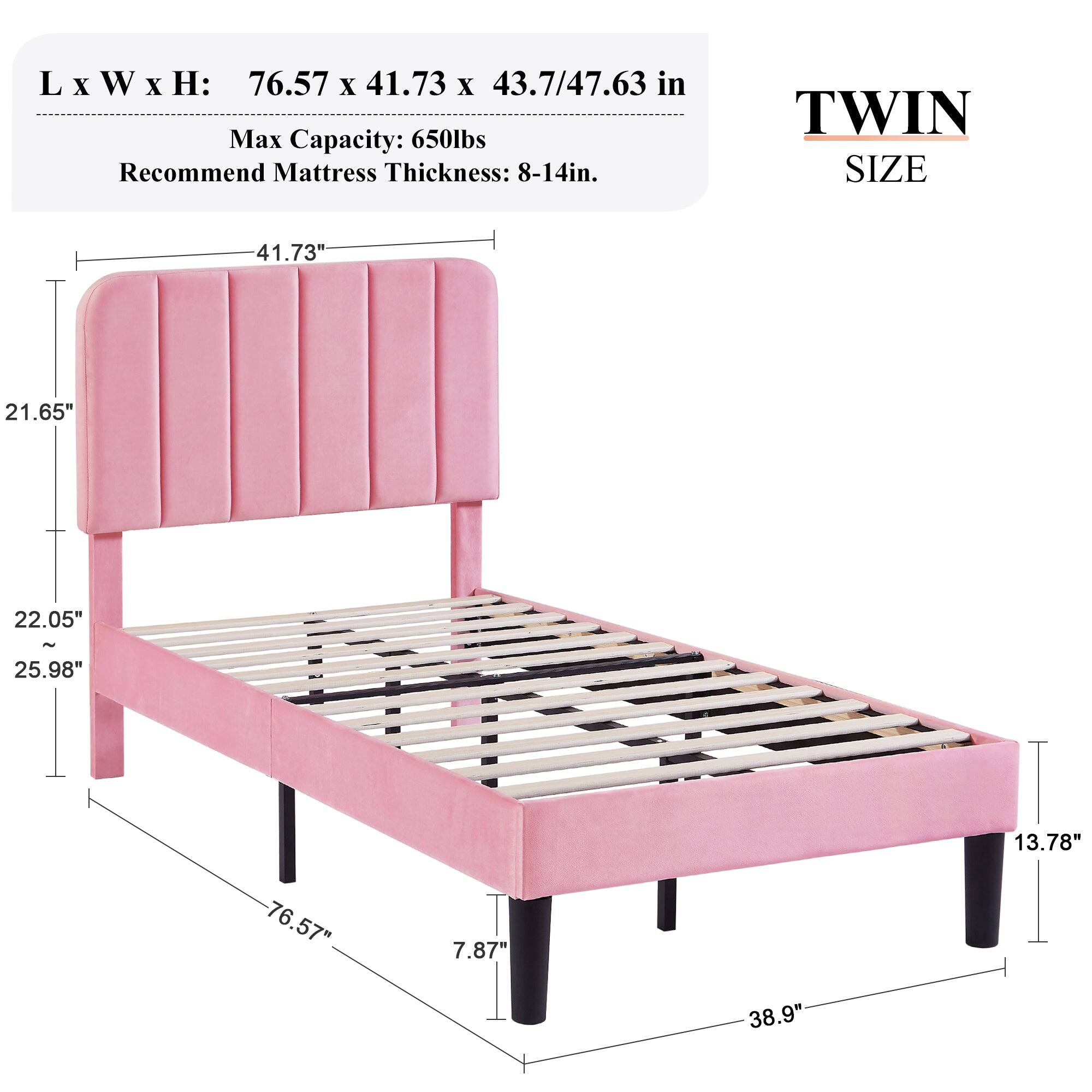 L x W x H: 76.57 x 41.73 x 43.7/47.63 in  
Max Capacity: 650lbs  
Recommend Mattress Thickness: 8-14in.  

TWIN SIZE  

41.73"  
21.65"  
22.05"  
25.98"  
13.78"  
76.57"  
7.87"  
38.9"