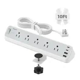 TESSAN - Desk Clamp Power Strip with 10 Ft Flat Plug Extension Cord, 2100J Surge Protector and 5 Outlets, 4 USB Ports (2 USB-C) - Gray, White