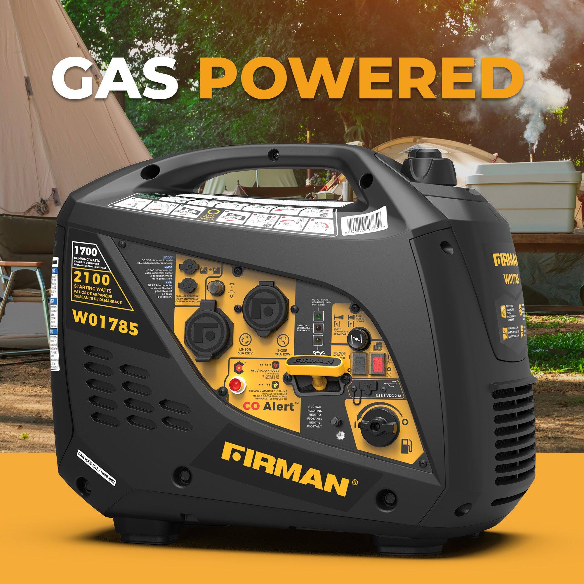 GAS POWERED

1700 WATTS  
2100 WATTS

W01785

FIRMAN

CO Alert

PUSH TO START

FIRMAN

W01785