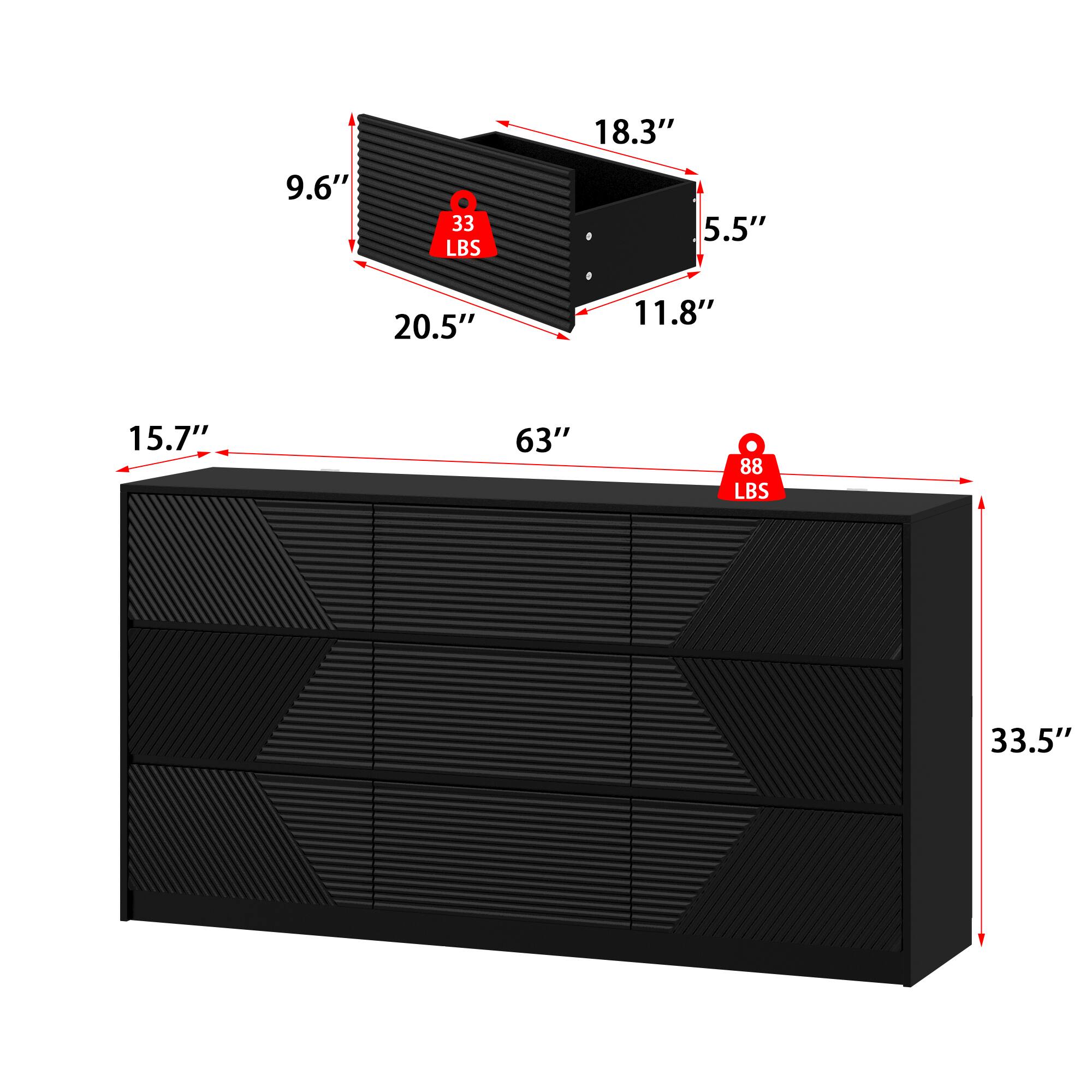 18.3", 5.5", 11.8", 9.6", 20.5", 15.7", 63", 33.5", 33 LBS, 88 LBS