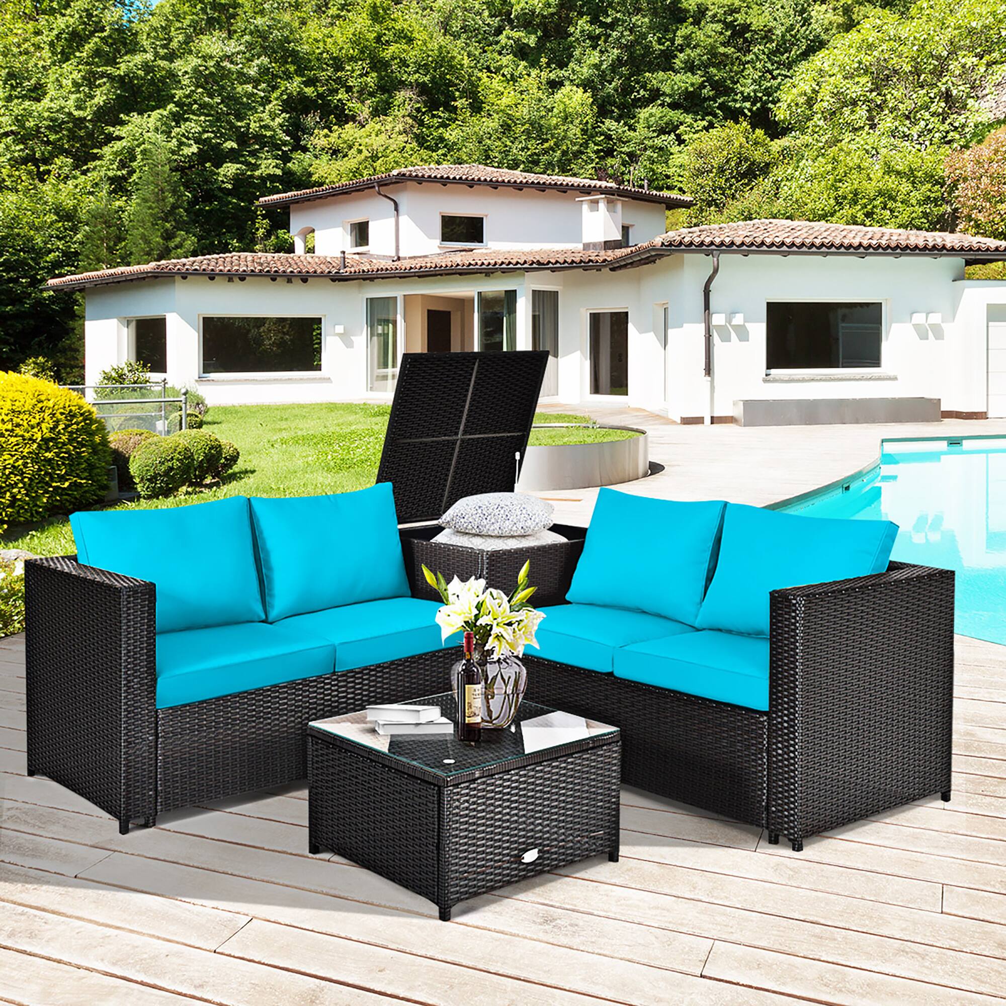 Alt View 3. Costway - Costway 4PCS Outdoor Patio Rattan Furniture Set Cushion Loveseat Storage Table - Blue.