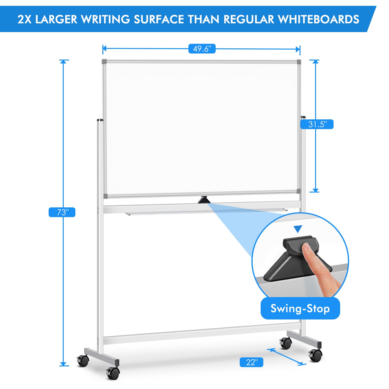 2X LARGER WRITING SURFACE THAN REGULAR WHITEBOARDS

- 49.6" (width)
- 31.5" (height)
- 73" (overall height)
- 22" (base width)

Swing-Stop